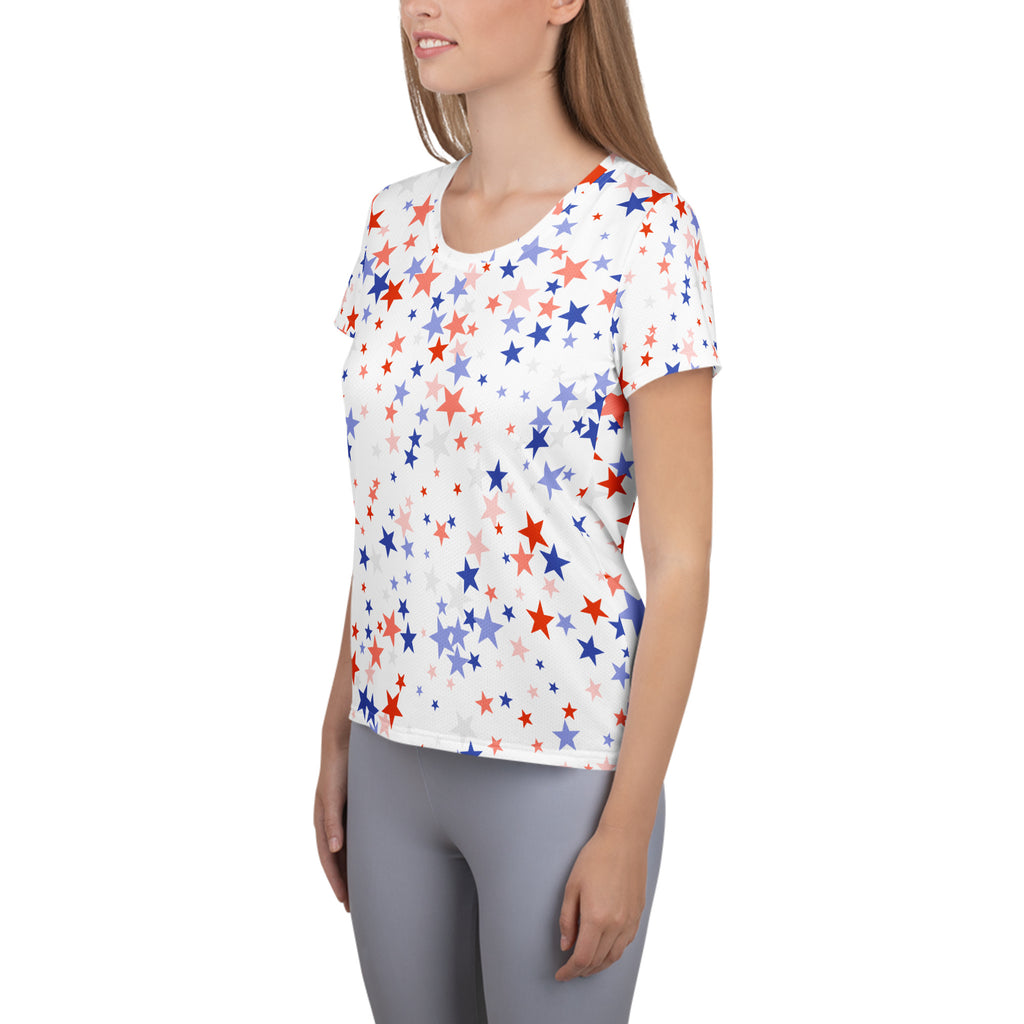 Women’s Red White & Blue Star Performance Athletic T-Shirt - Lightweight Moisture Wicking Workout Top with UPF 50+