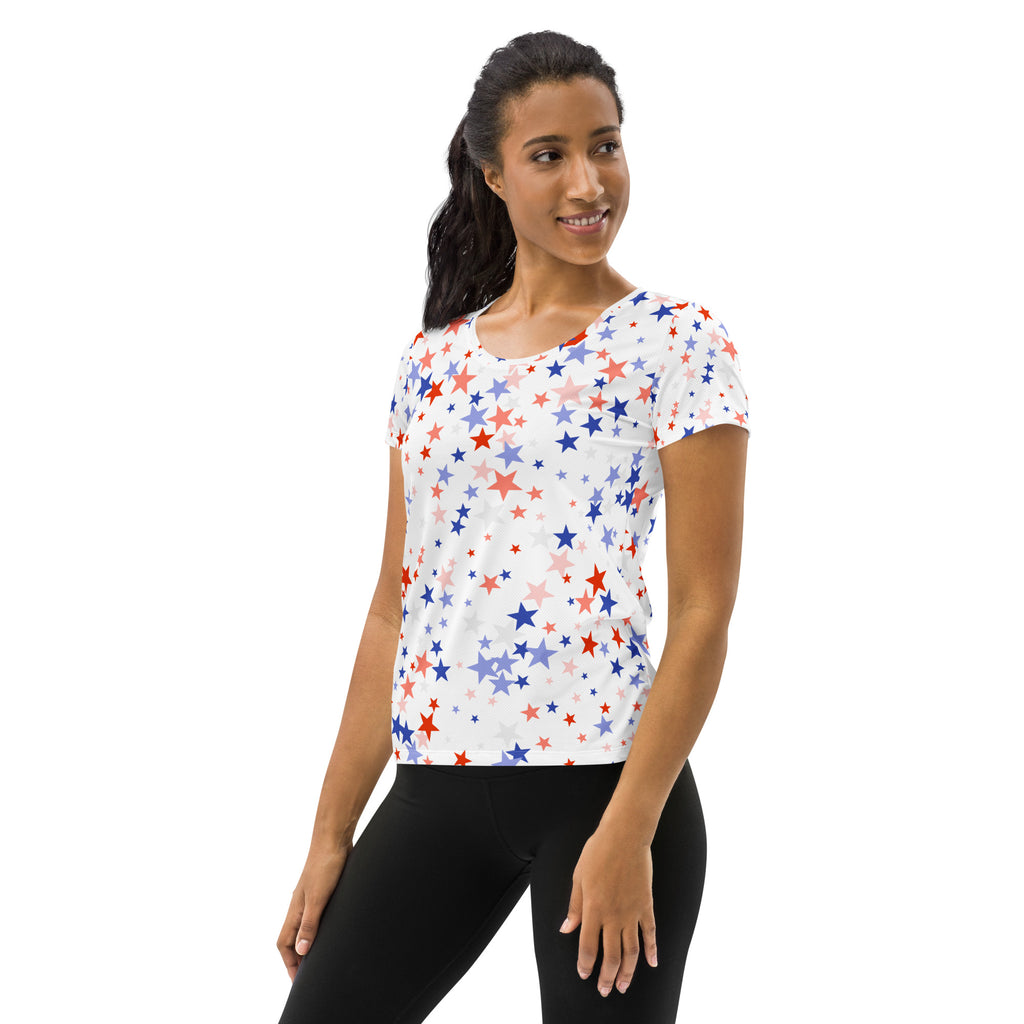 Women’s Red White & Blue Star Performance Athletic T-Shirt - Lightweight Moisture Wicking Workout Top with UPF 50+