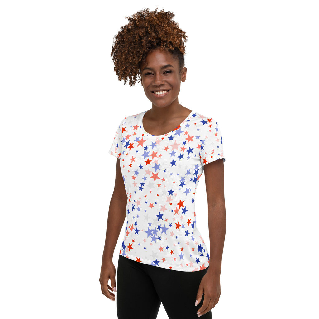 Women’s Red White & Blue Star Performance Athletic T-Shirt - Lightweight Moisture Wicking Workout Top with UPF 50+