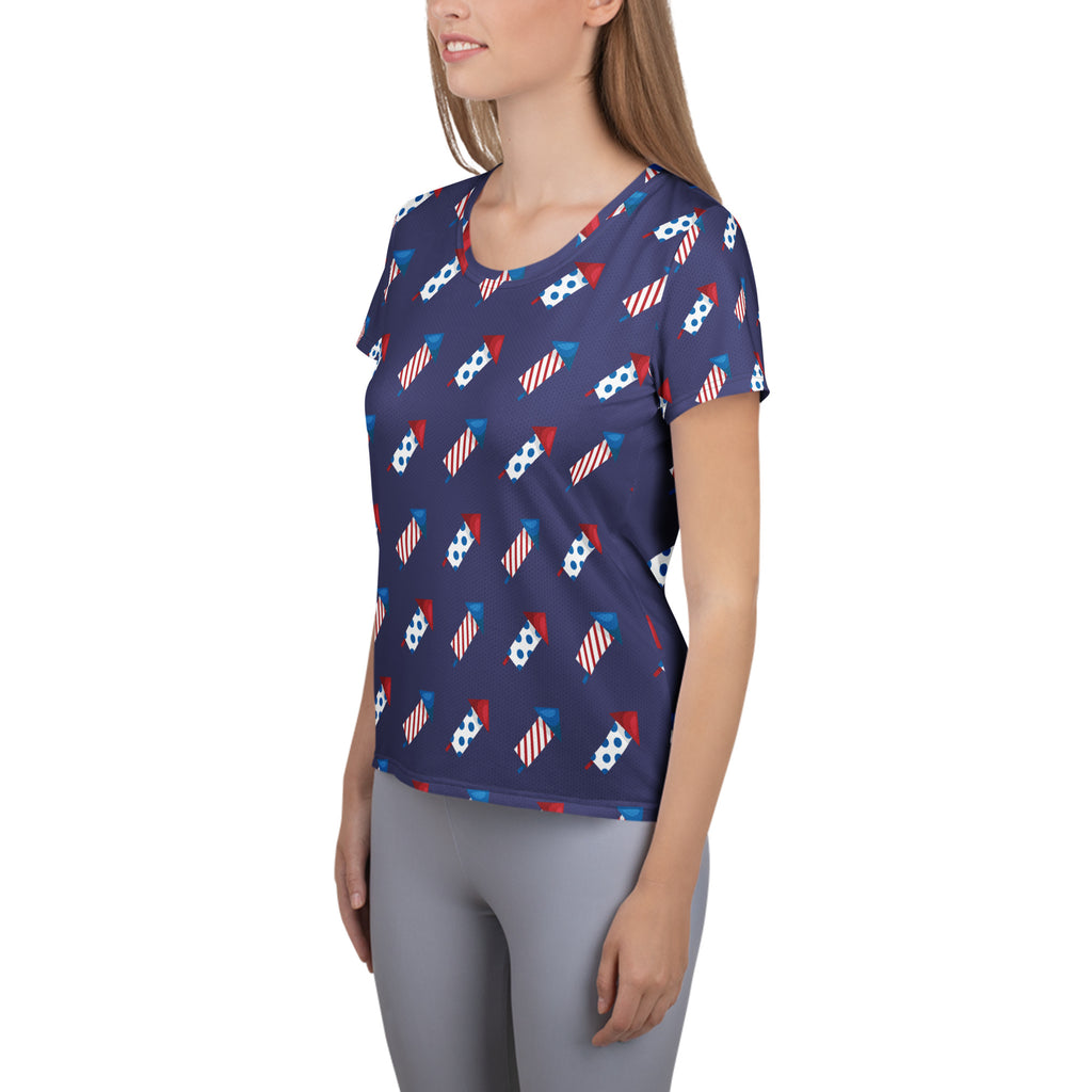 Women’s Patriotic Fireworks Performance Athletic T-Shirt - Lightweight Moisture Wicking Workout Top with UPF 50+