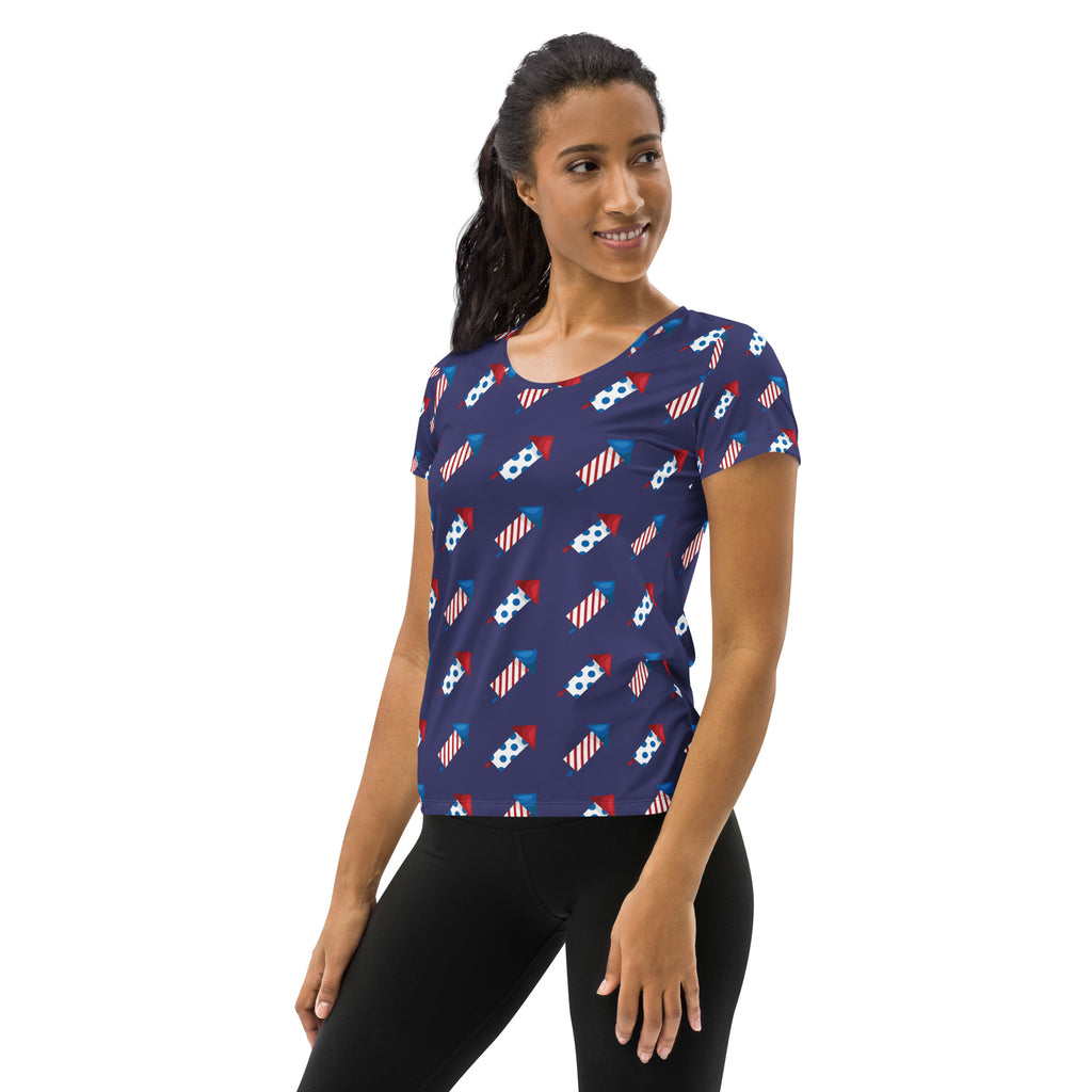 Women’s Patriotic Fireworks Performance Athletic T-Shirt - Lightweight Moisture Wicking Workout Top with UPF 50+