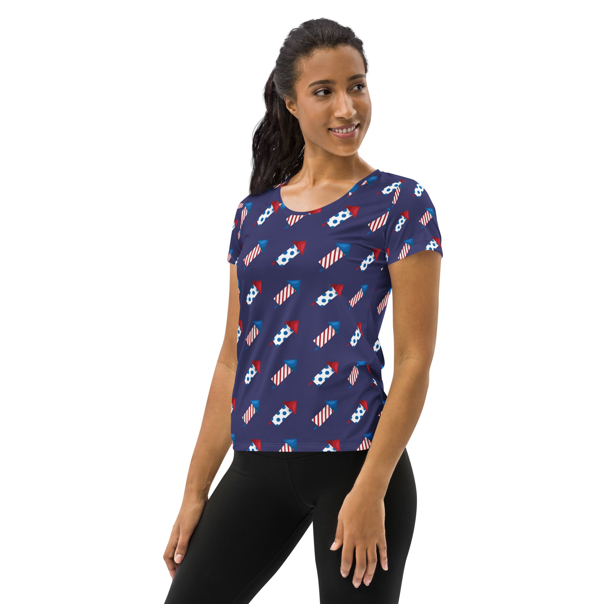 Women’s Patriotic Fireworks Performance Athletic T-Shirt - Lightweight Moisture Wicking Workout Top with UPF 50+