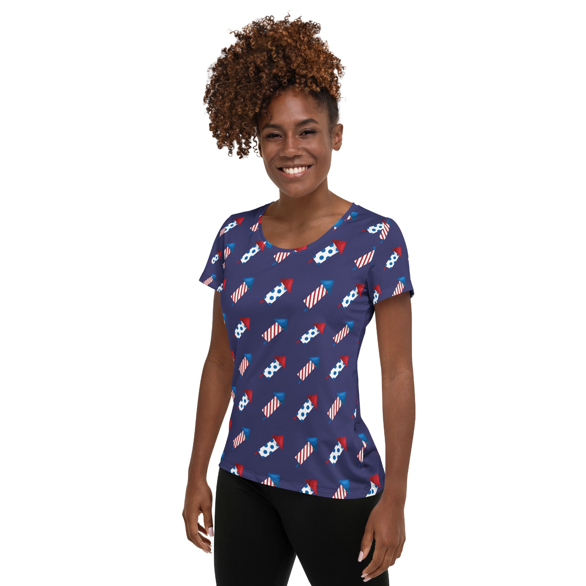 Women’s Patriotic Fireworks Performance Athletic T-Shirt - Lightweight Moisture Wicking Workout Top with UPF 50+