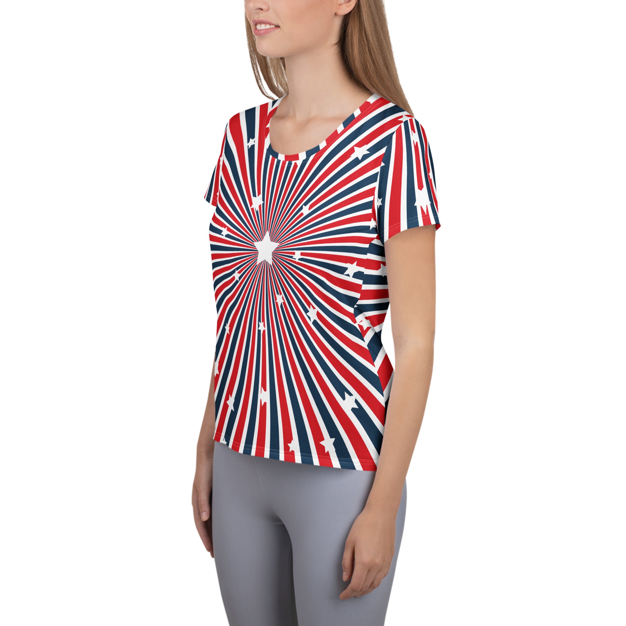 Women’s Patriotic Starburst Performance Athletic T-Shirt - Lightweight Moisture Wicking Workout Top with UPF 50+
