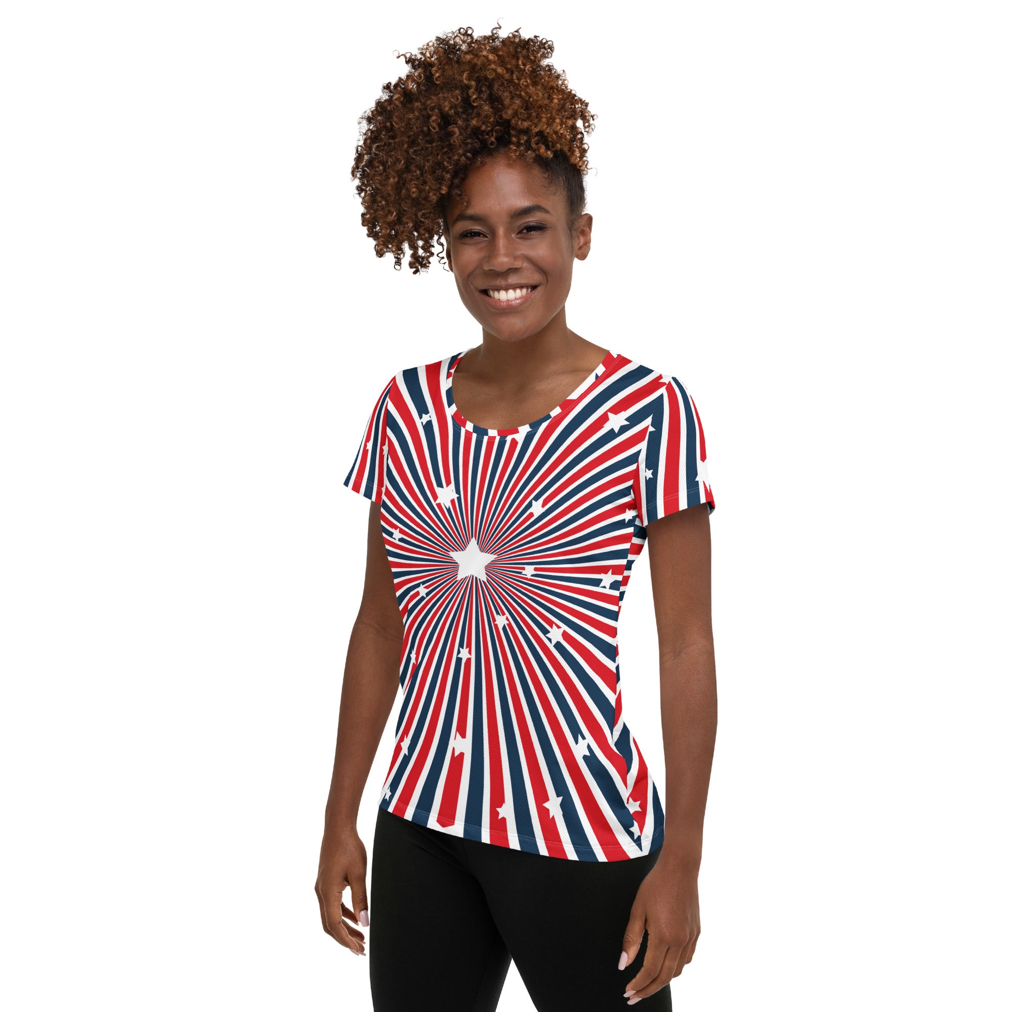 Women’s Patriotic Starburst Performance Athletic T-Shirt - Lightweight Moisture Wicking Workout Top with UPF 50+