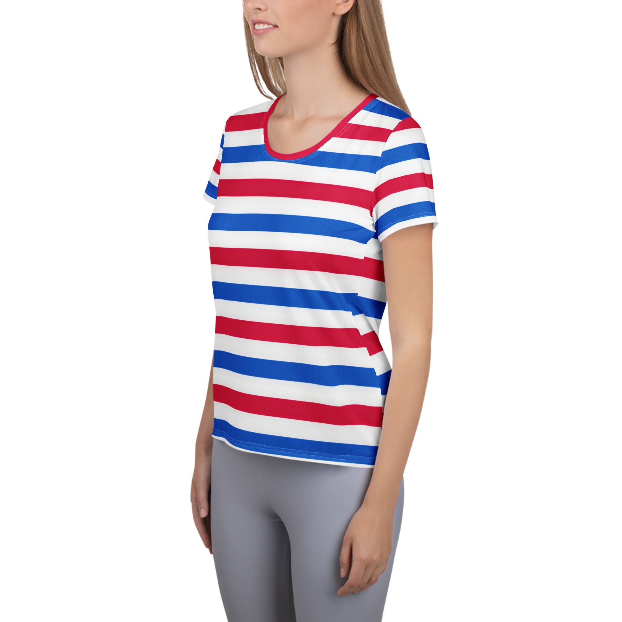 Women’s Patriotic Striped Performance Athletic T-Shirt - Lightweight Moisture Wicking Workout Top with UPF 50+