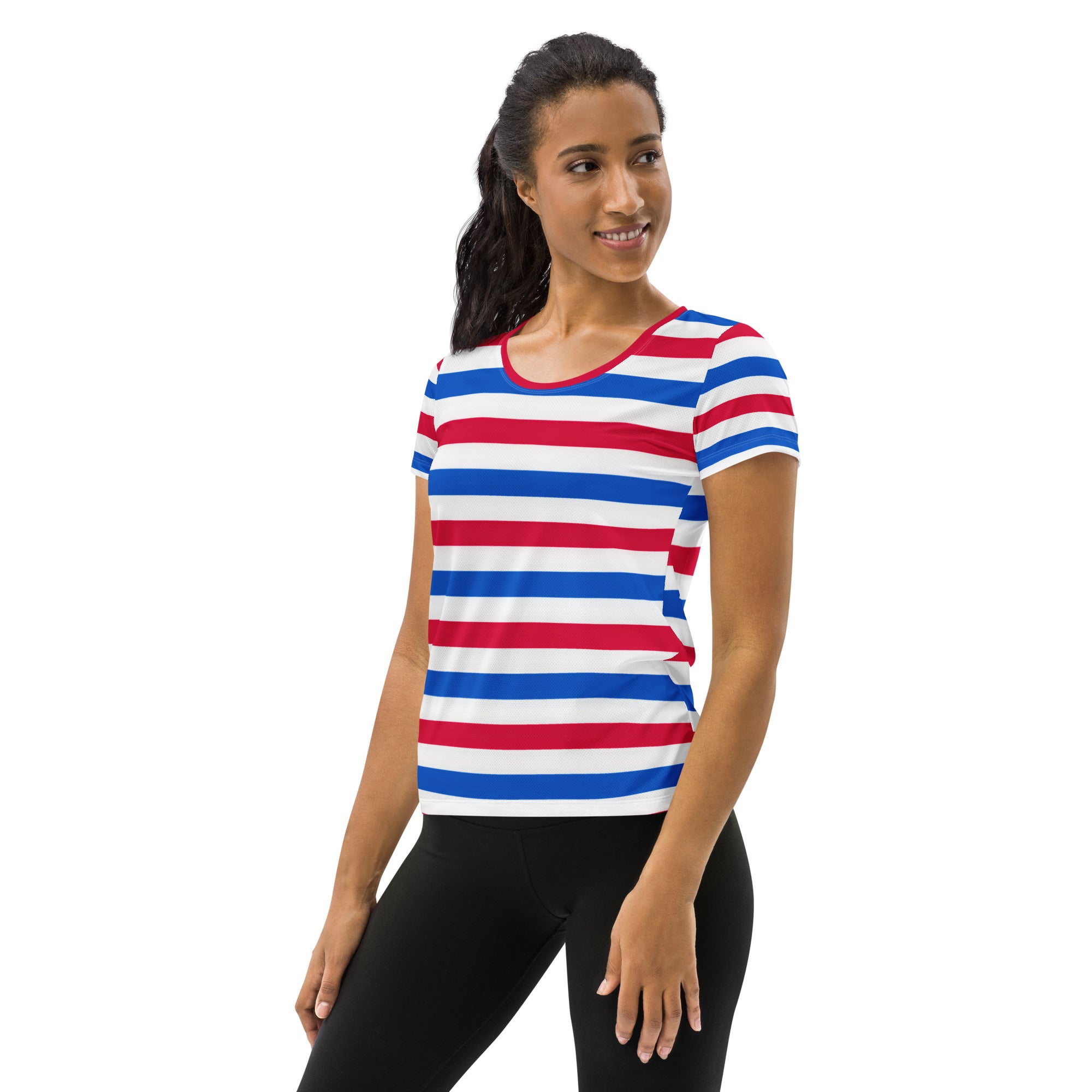 Women’s Patriotic Striped Performance Athletic T-Shirt - Lightweight Moisture Wicking Workout Top with UPF 50+