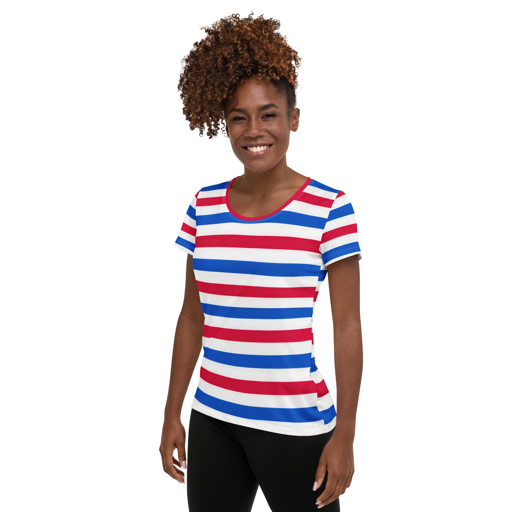 Women’s Patriotic Striped Performance Athletic T-Shirt - Lightweight Moisture Wicking Workout Top with UPF 50+