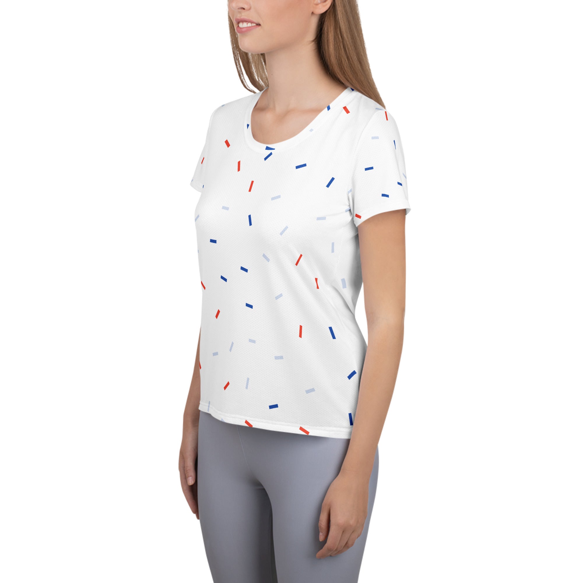 Women’s Patriotic Confetti Performance Athletic T-Shirt - Lightweight Moisture Wicking Workout Top with UPF 50+