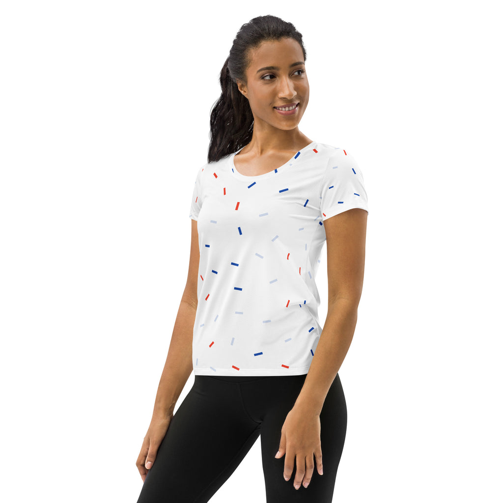 Women’s Patriotic Confetti Performance Athletic T-Shirt - Lightweight Moisture Wicking Workout Top with UPF 50+