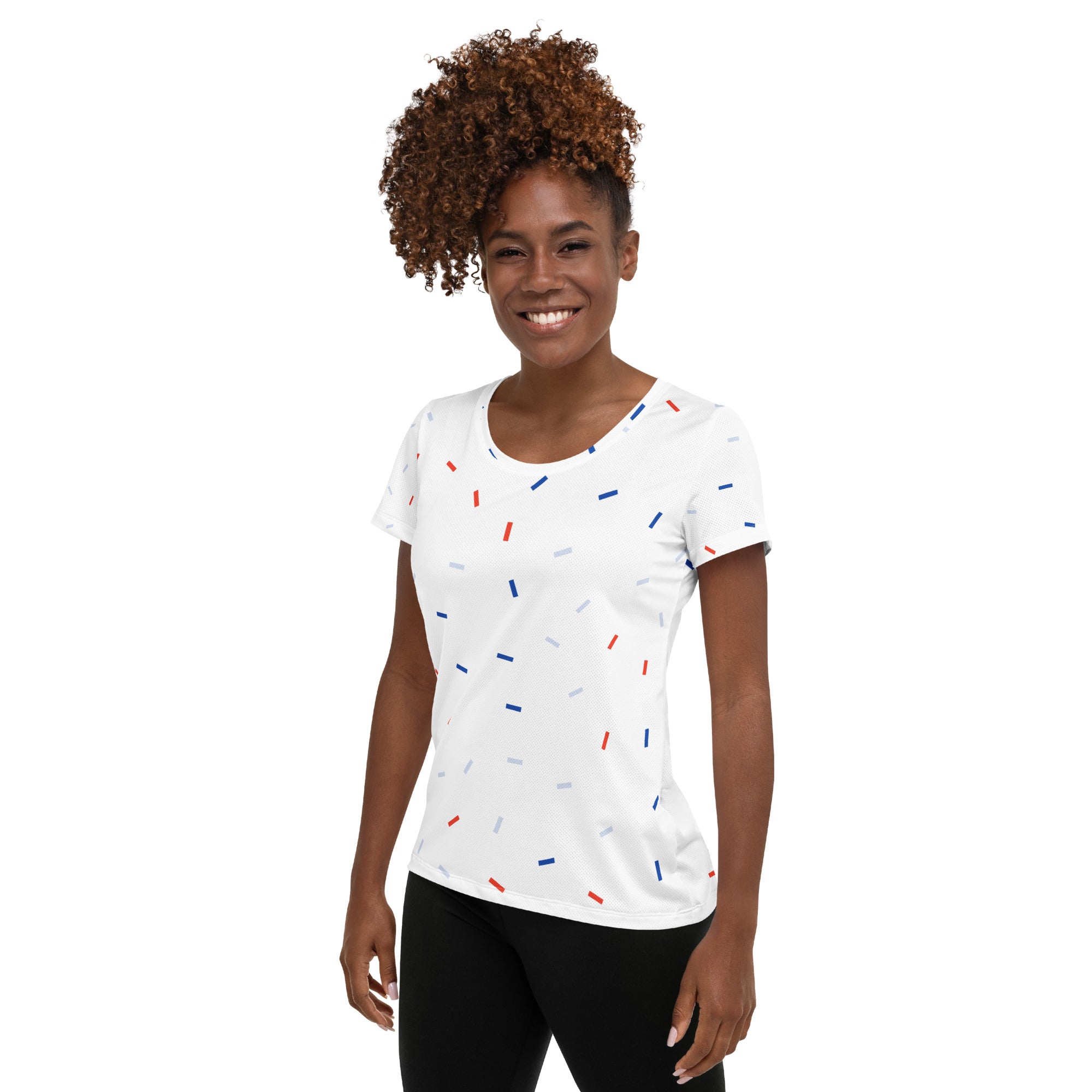 Women’s Patriotic Confetti Performance Athletic T-Shirt - Lightweight Moisture Wicking Workout Top with UPF 50+