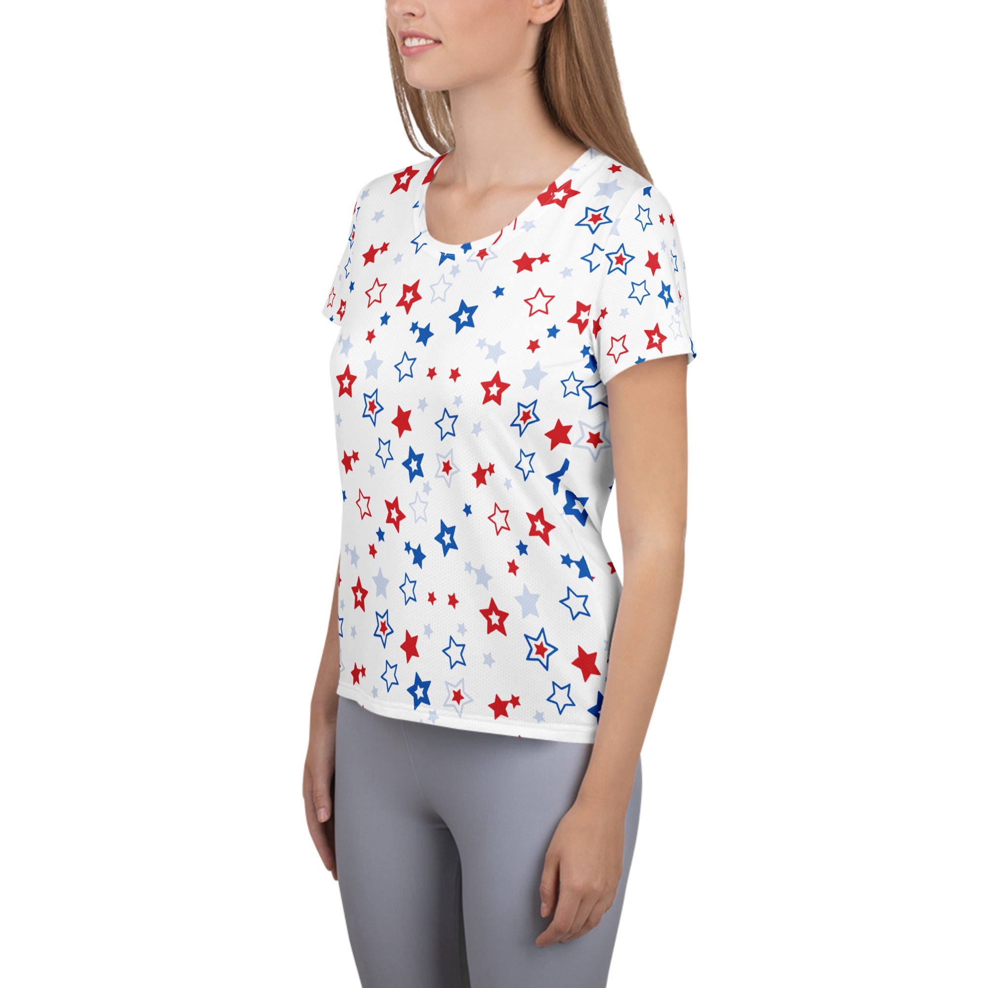Women’s Red, White And Blue Stars 4th of July Performance Athletic T-Shirt - Lightweight Moisture Wicking Workout Top with UPF 50+