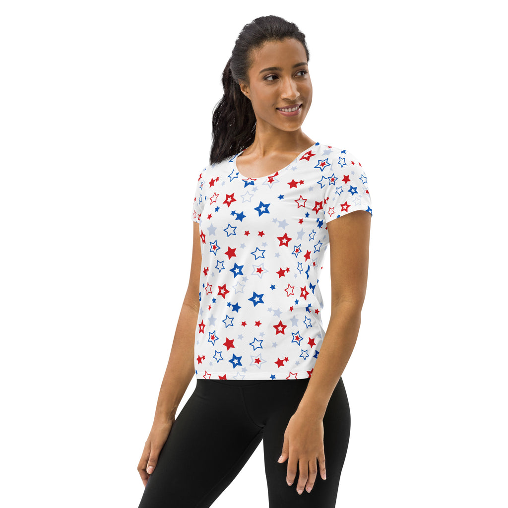 Women’s Red, White And Blue Stars 4th of July Performance Athletic T-Shirt - Lightweight Moisture Wicking Workout Top with UPF 50+
