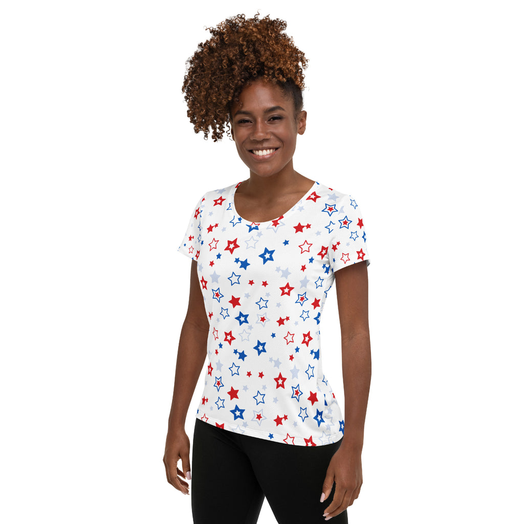 Women’s Red, White And Blue Stars 4th of July Performance Athletic T-Shirt - Lightweight Moisture Wicking Workout Top with UPF 50+