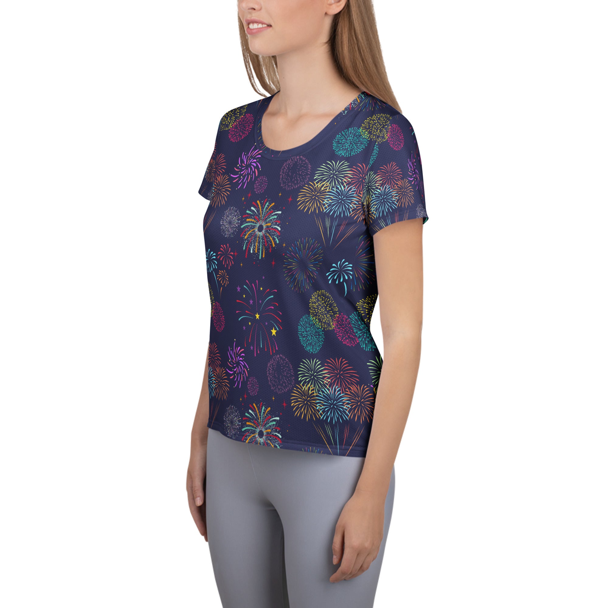 Women’s Colorful Fireworks Performance Athletic T-Shirt - Lightweight Moisture Wicking Workout Top with UPF 50+