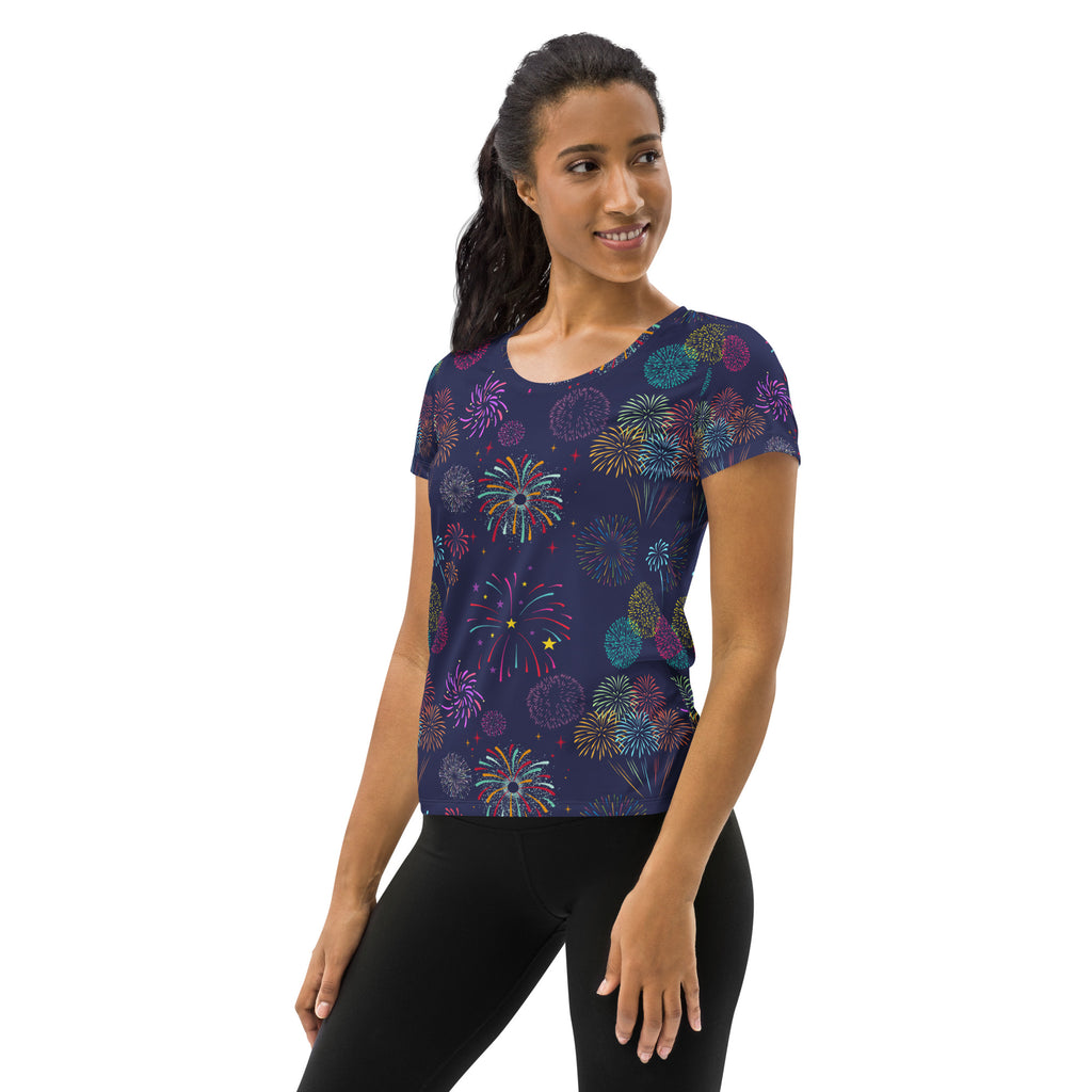 Women’s Colorful Fireworks Performance Athletic T-Shirt - Lightweight Moisture Wicking Workout Top with UPF 50+