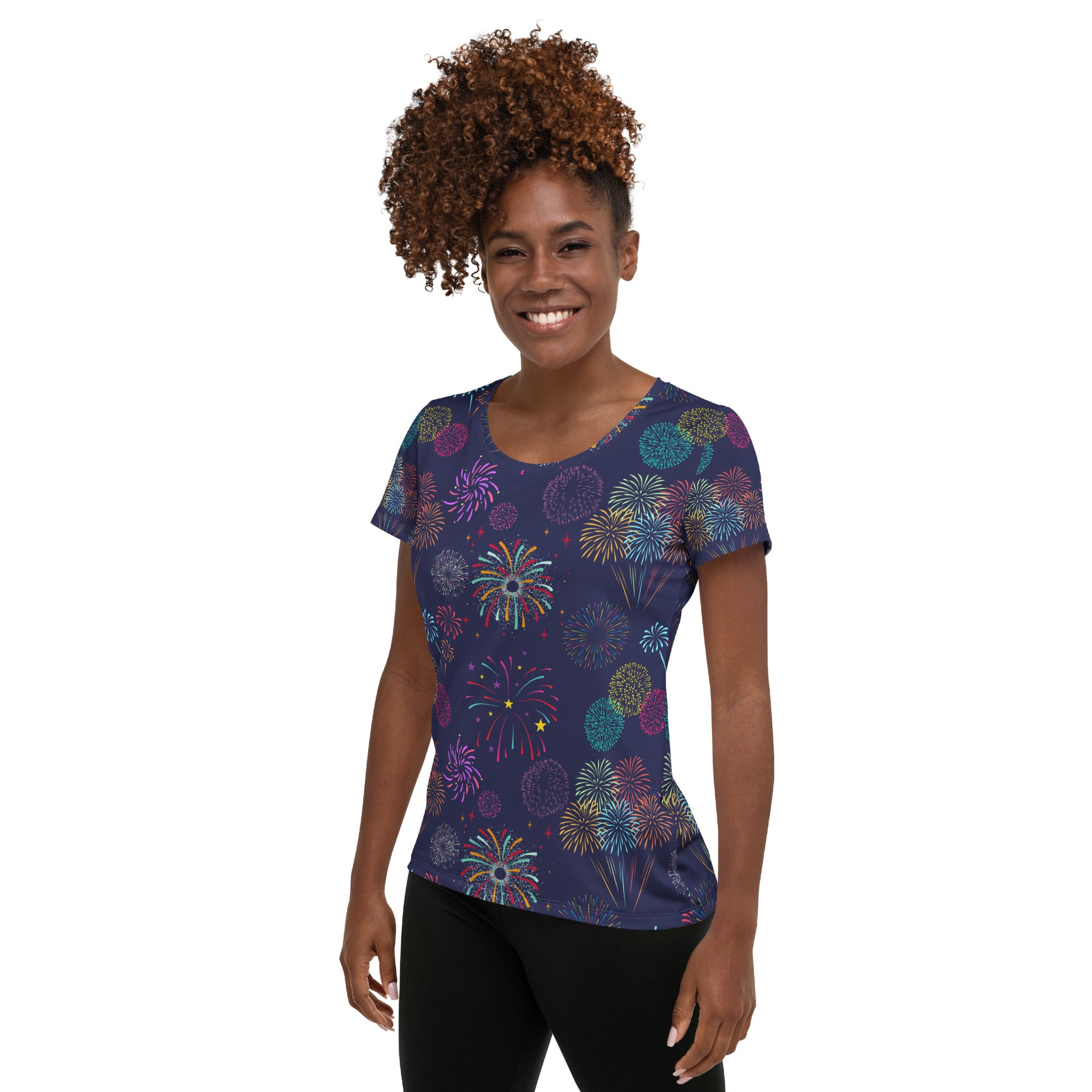 Women’s Colorful Fireworks Performance Athletic T-Shirt - Lightweight Moisture Wicking Workout Top with UPF 50+