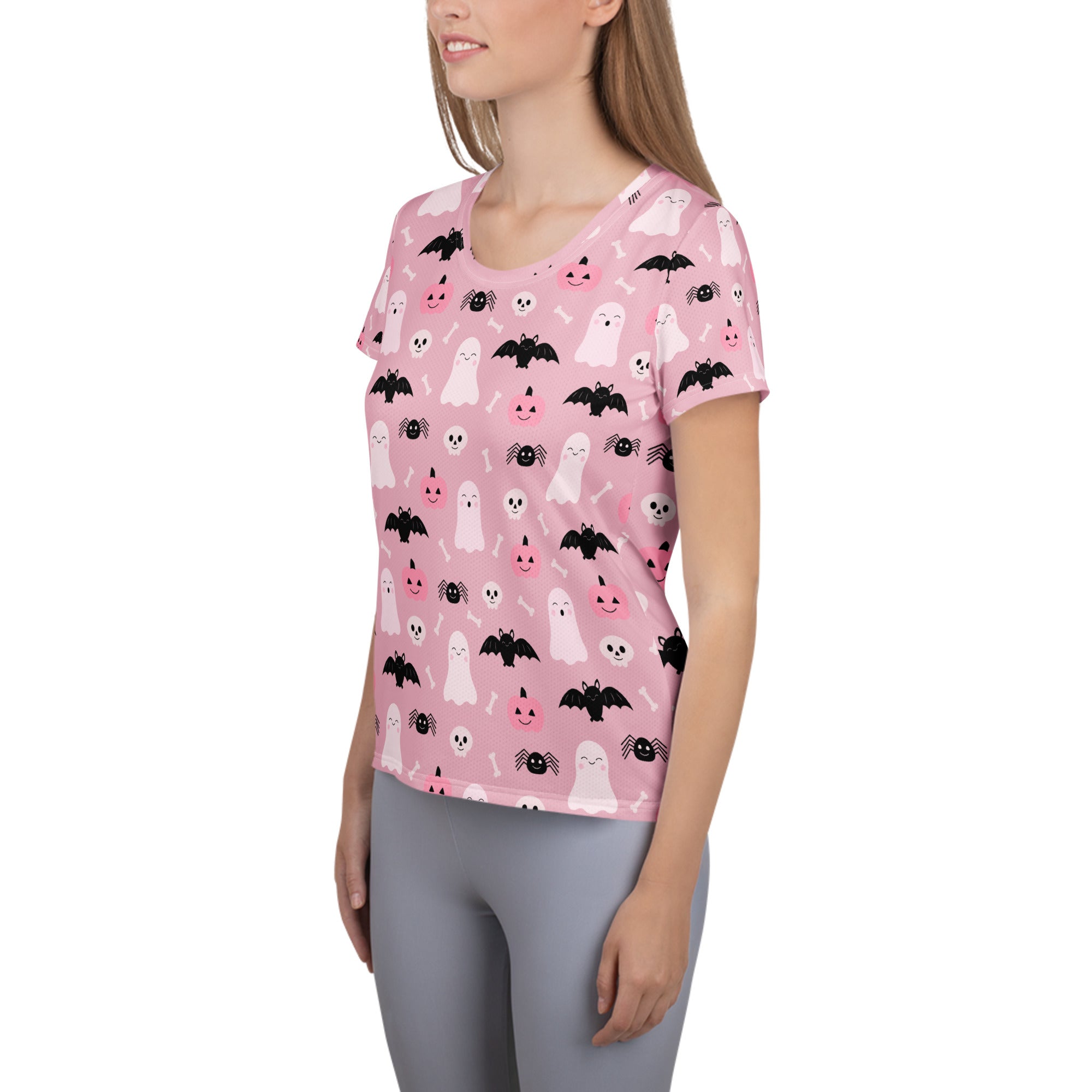 Women’s Pink Halloween Performance Athletic T-Shirt - Lightweight Moisture Wicking Workout Top with UPF 50+