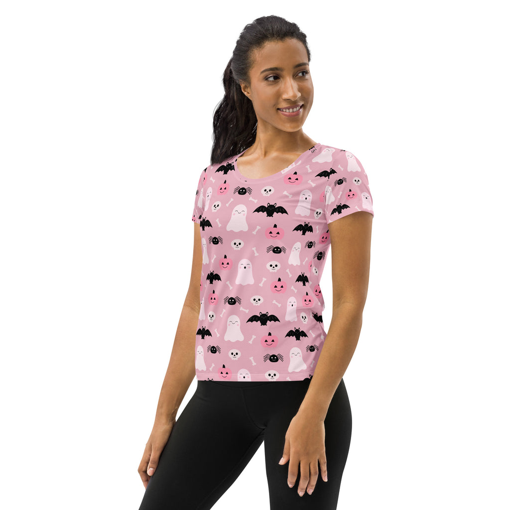 Women’s Pink Halloween Performance Athletic T-Shirt - Lightweight Moisture Wicking Workout Top with UPF 50+
