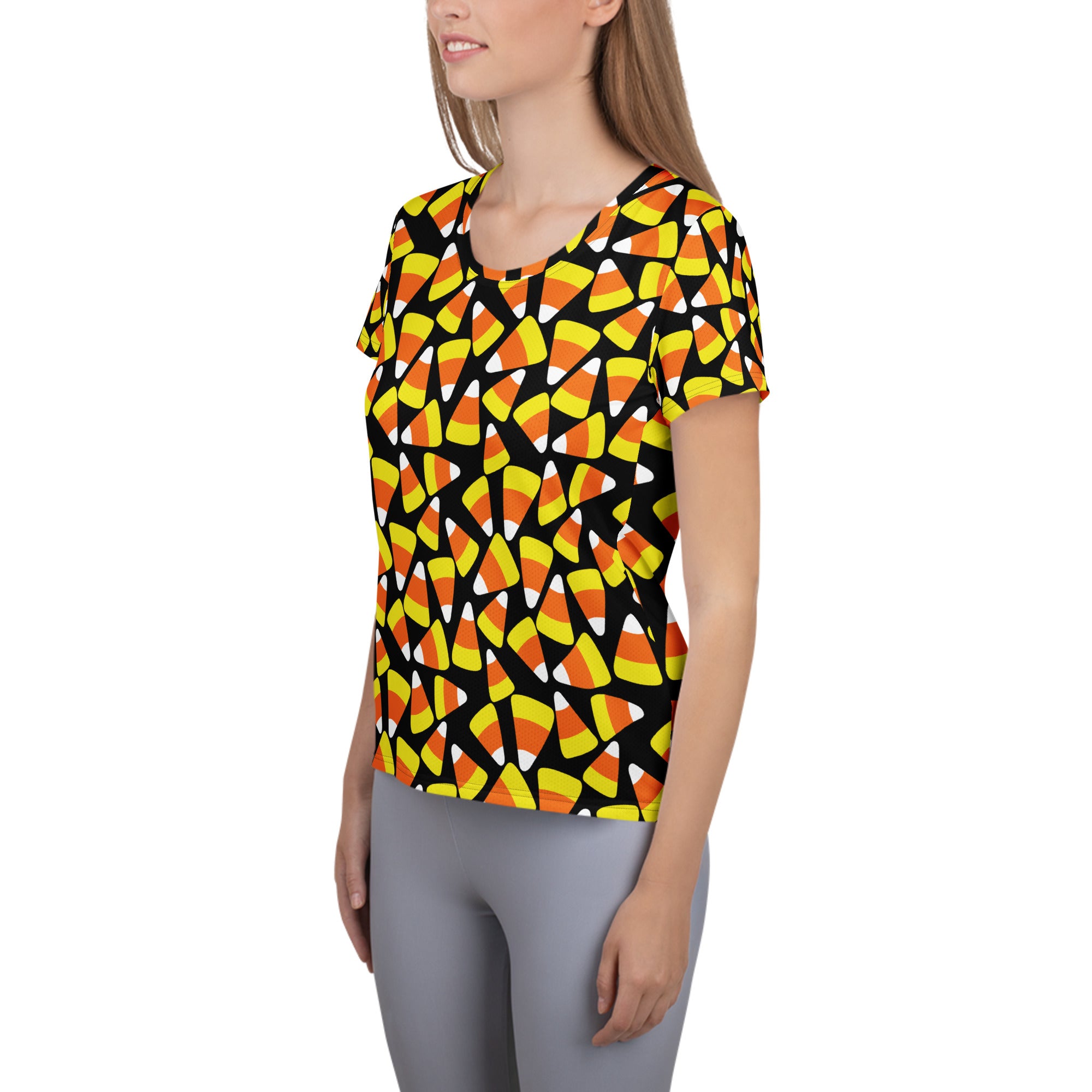 Women’s Candy Corn Halloween Performance Athletic T-Shirt - Lightweight Moisture Wicking Workout Top with UPF 50+