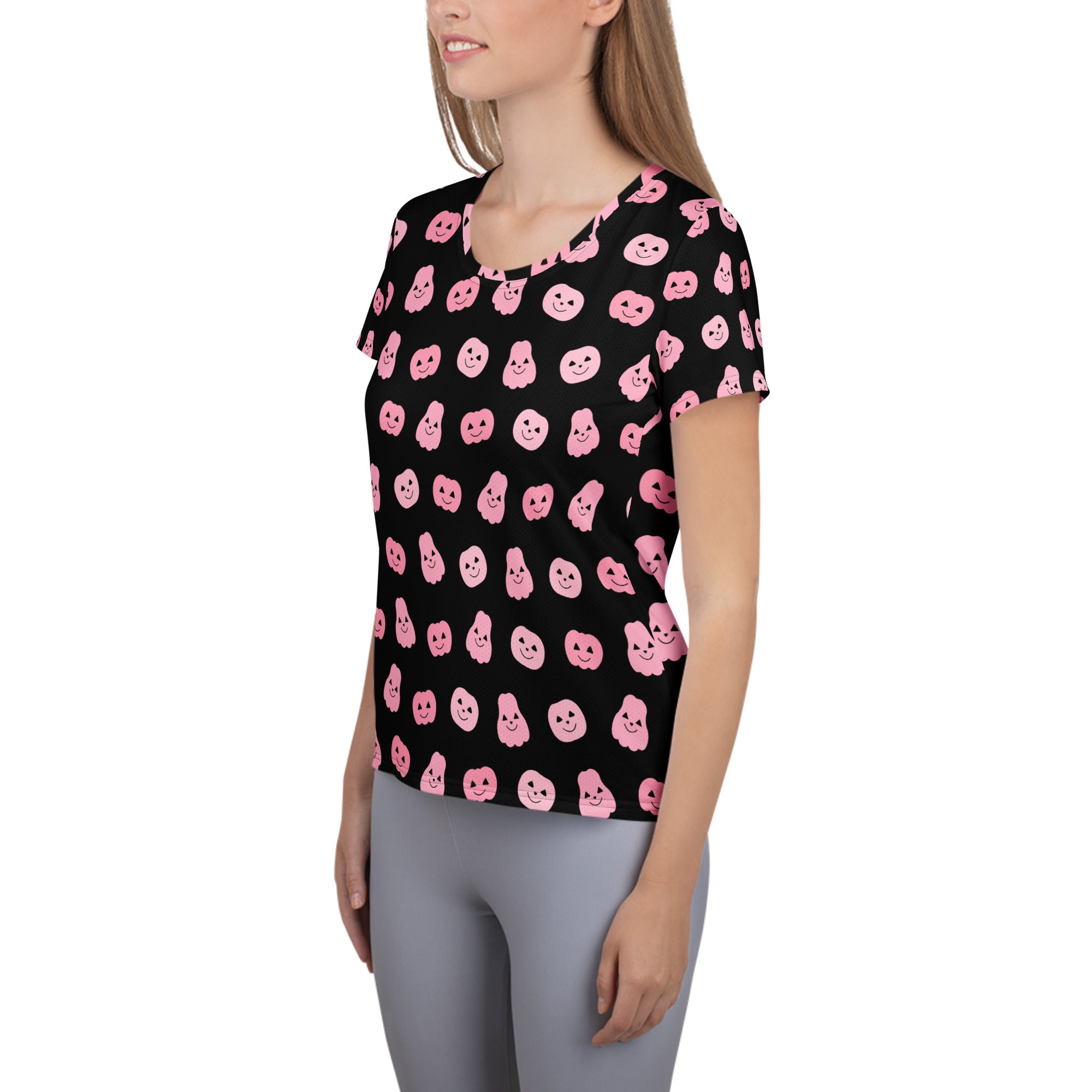 Women’s Pink Pumpkin Halloween Performance Athletic T-Shirt - Lightweight Moisture Wicking Workout Top with UPF 50+