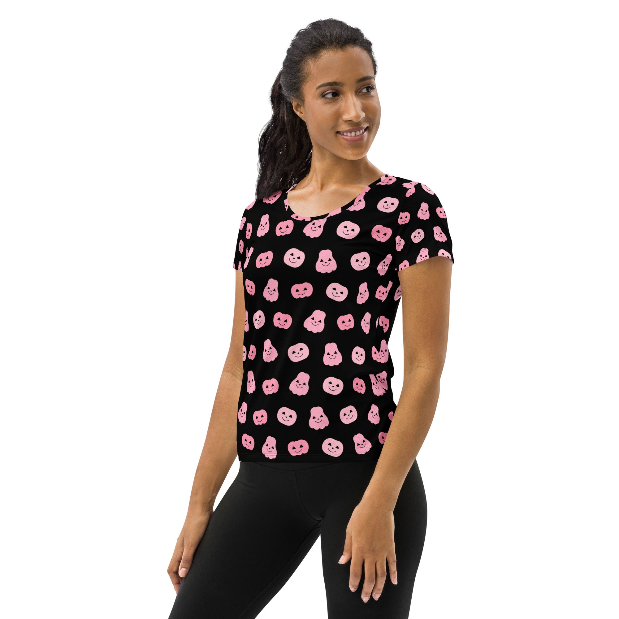 Women’s Pink Pumpkin Halloween Performance Athletic T-Shirt - Lightweight Moisture Wicking Workout Top with UPF 50+