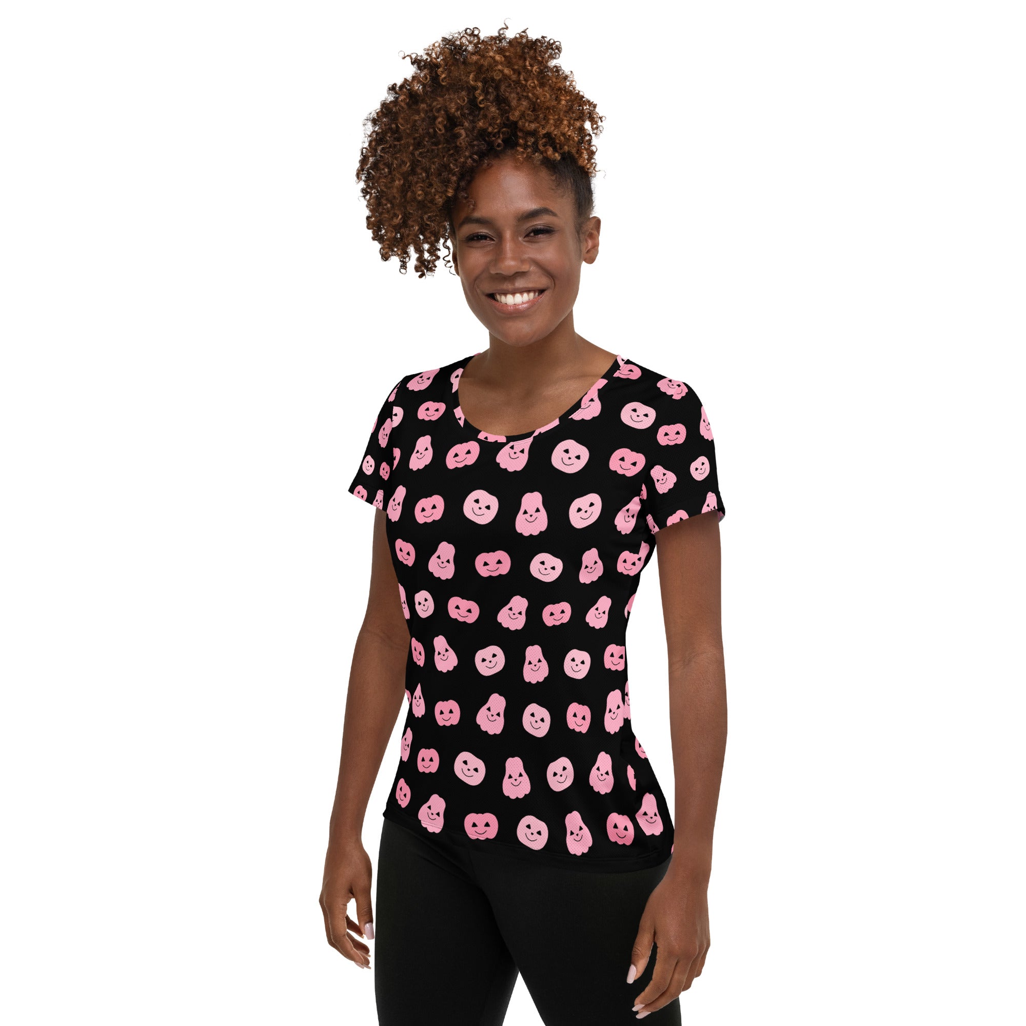 Women’s Pink Pumpkin Halloween Performance Athletic T-Shirt - Lightweight Moisture Wicking Workout Top with UPF 50+