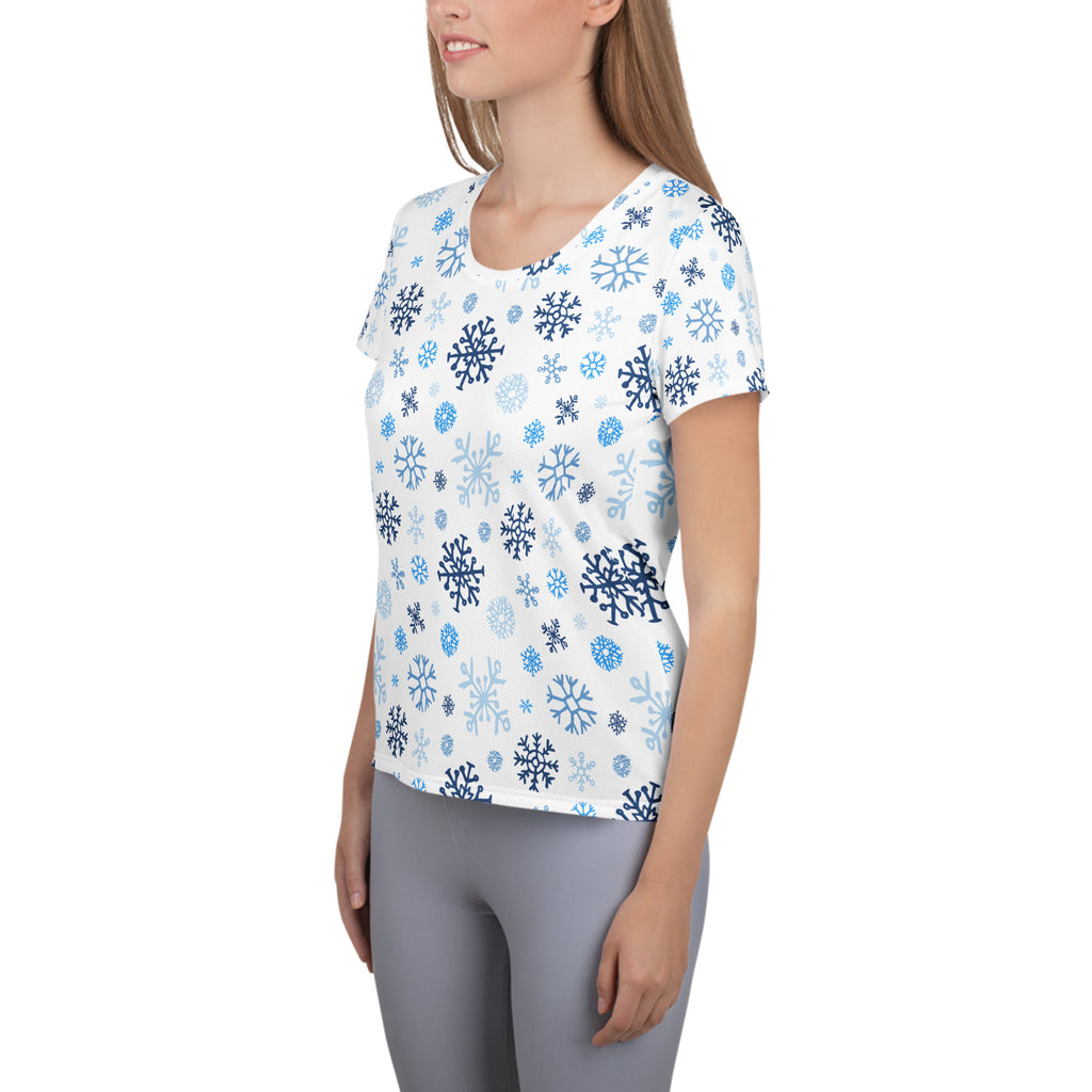 Women’s Blue Snowflakes Performance Athletic T-Shirt - Lightweight Moisture Wicking Workout Top with UPF 50+