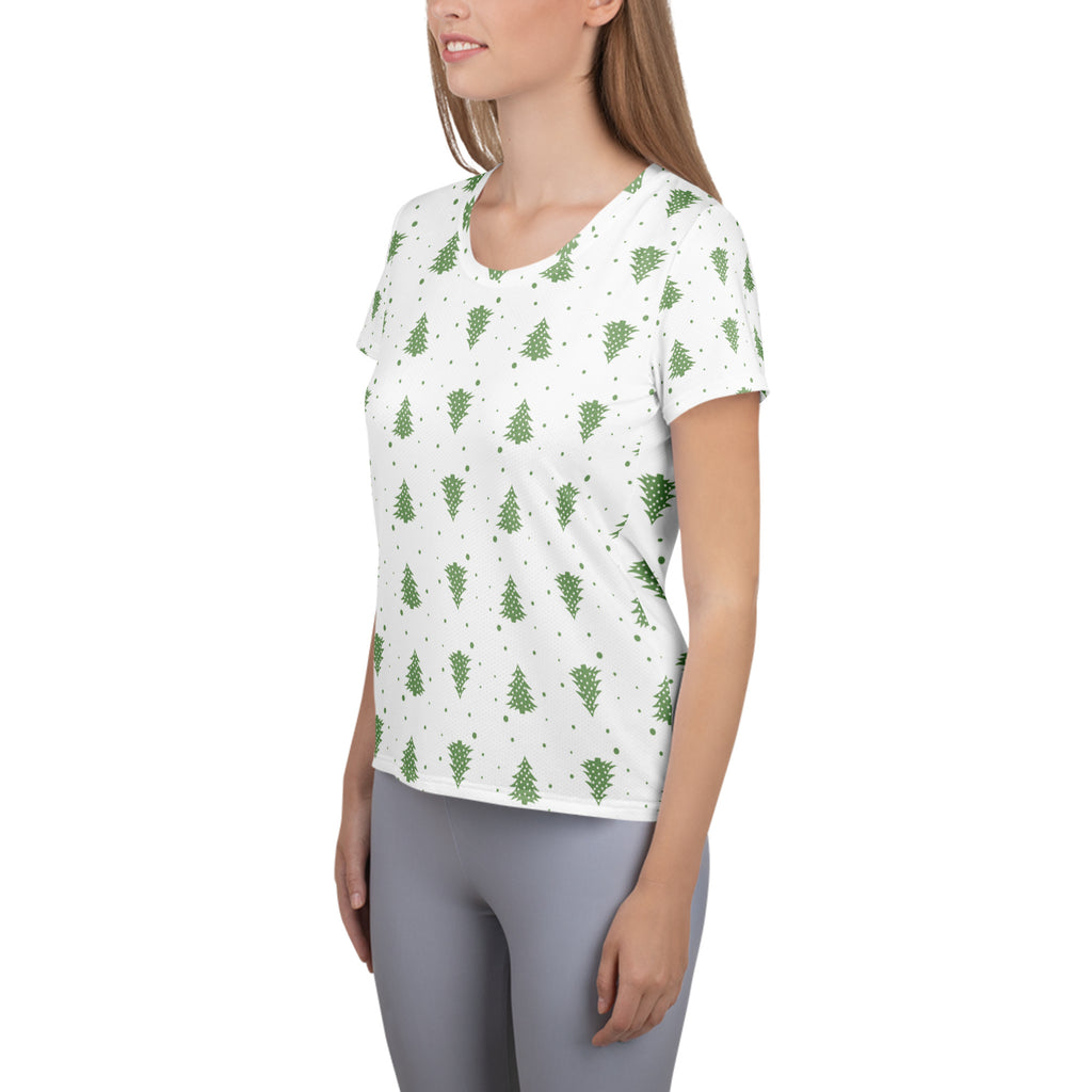 Women’s Green Christmas Tree Performance Athletic T-Shirt - Lightweight Moisture Wicking Workout Top with UPF 50+