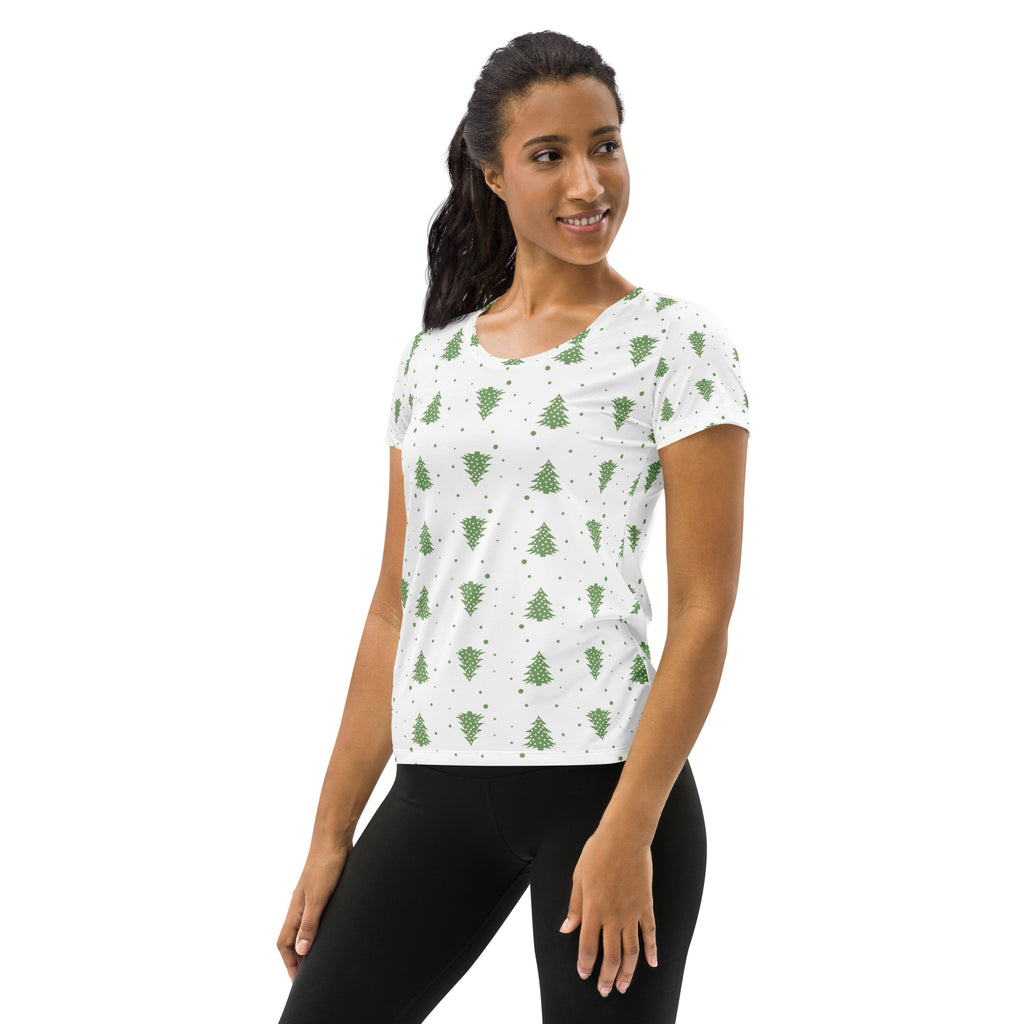Women’s Green Christmas Tree Performance Athletic T-Shirt - Lightweight Moisture Wicking Workout Top with UPF 50+