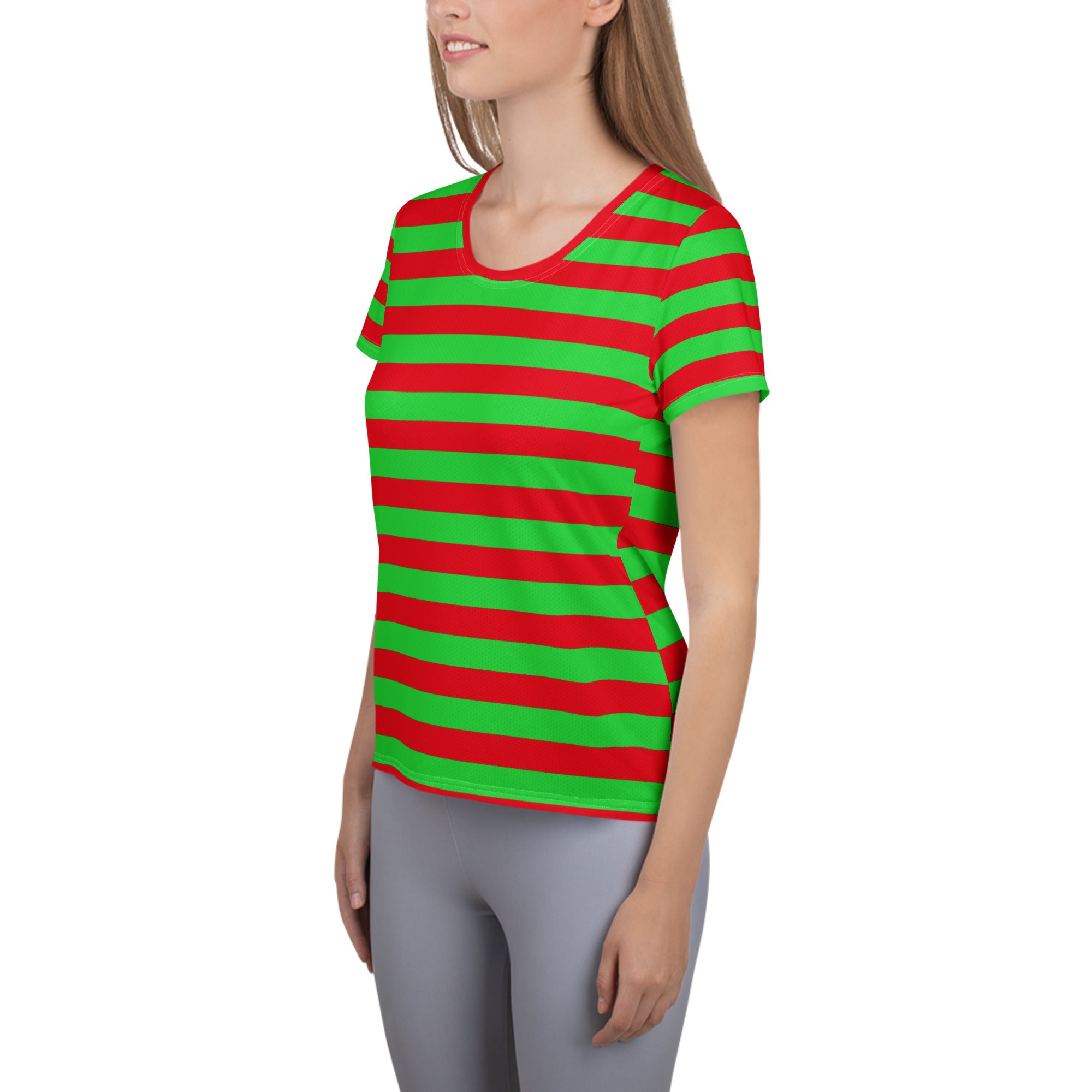 Women’s Red & Green Striped Christmas Performance Athletic T-Shirt - Lightweight Moisture Wicking Workout Top with UPF 50+