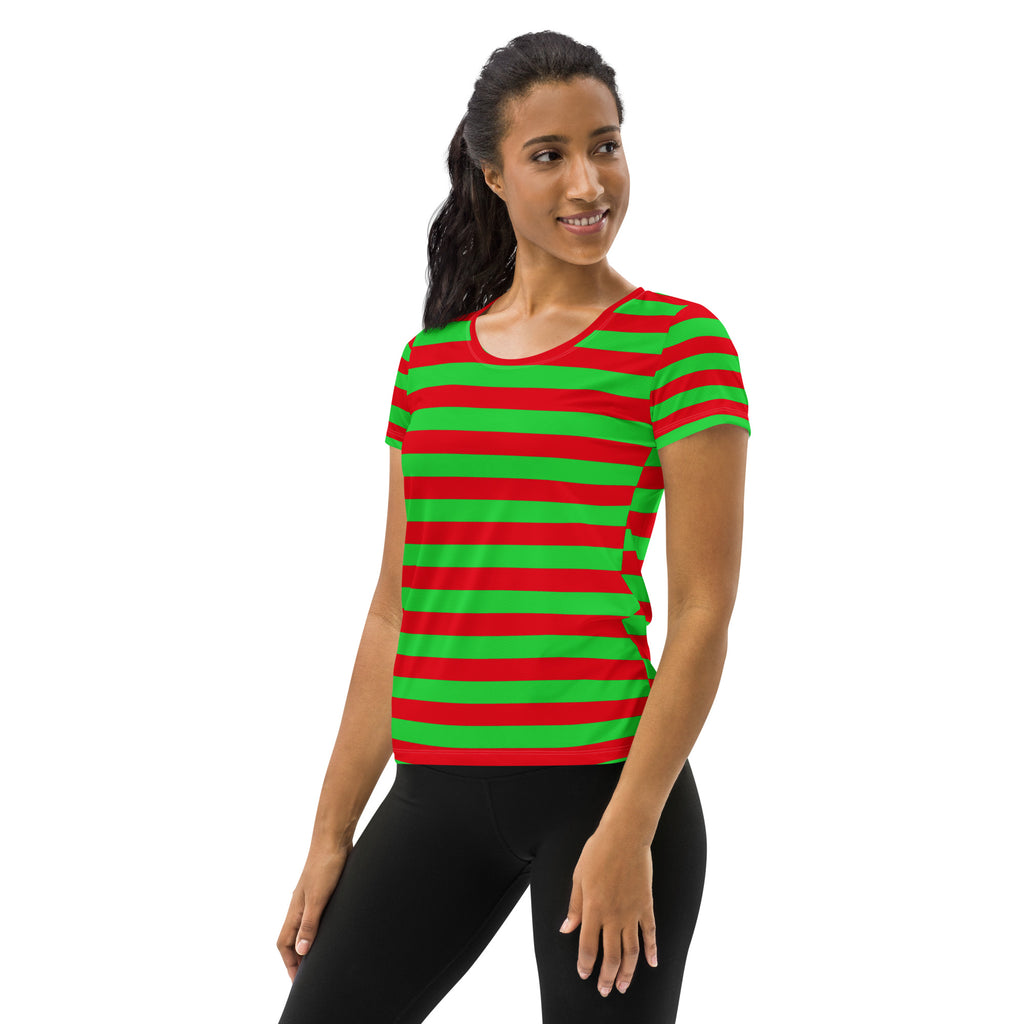 Women’s Red & Green Striped Christmas Performance Athletic T-Shirt - Lightweight Moisture Wicking Workout Top with UPF 50+