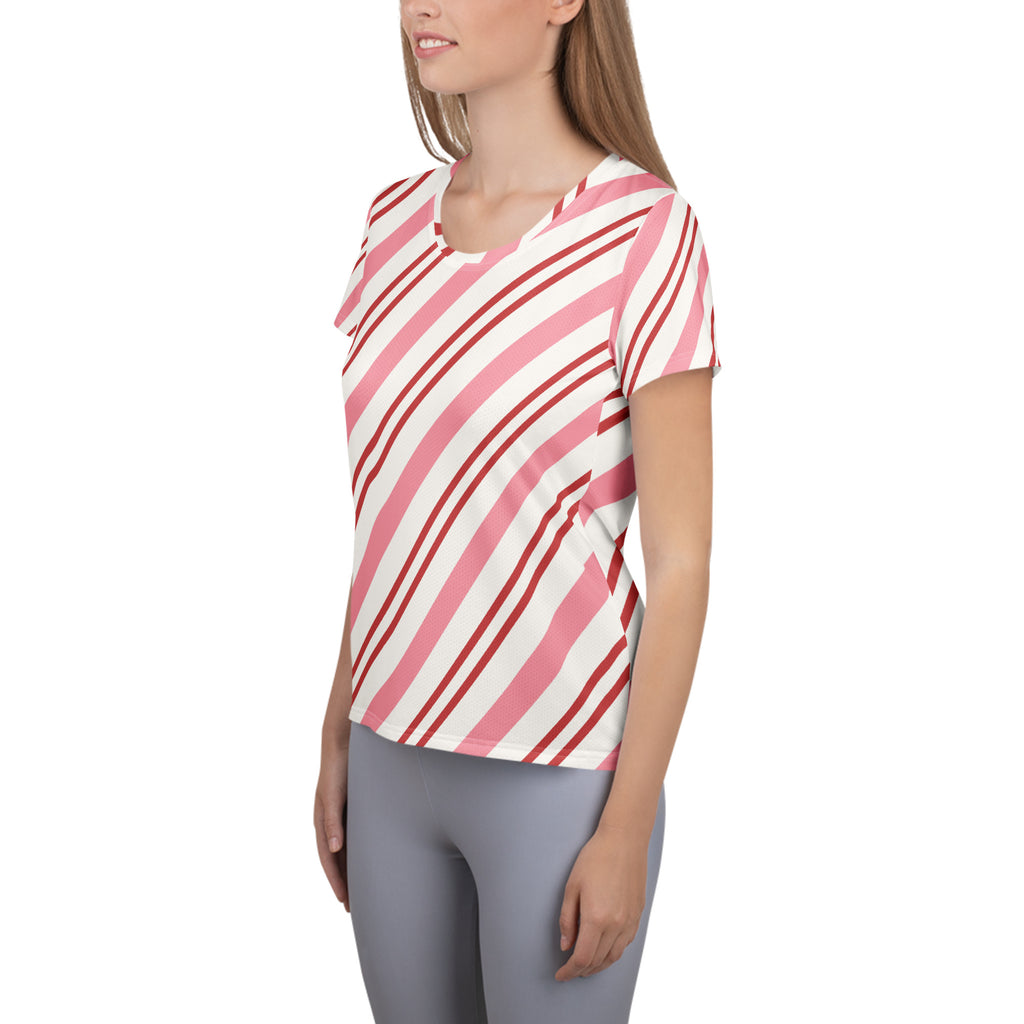 Women’s Pink Candy Cane Stripe Christmas Performance Athletic T-Shirt - Lightweight Moisture Wicking Workout Top with UPF 50+