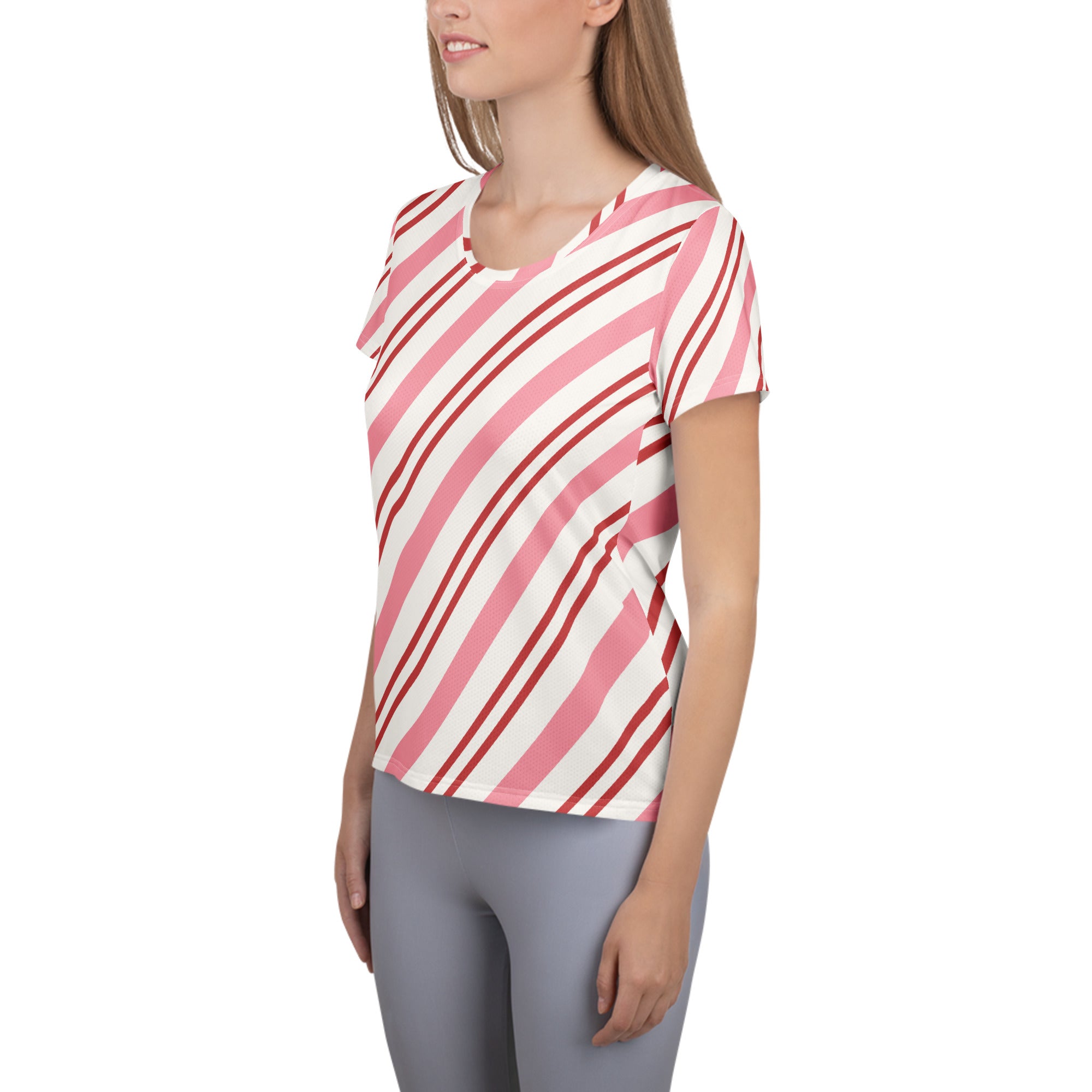 Women’s Pink Candy Cane Stripe Christmas Performance Athletic T-Shirt - Lightweight Moisture Wicking Workout Top with UPF 50+