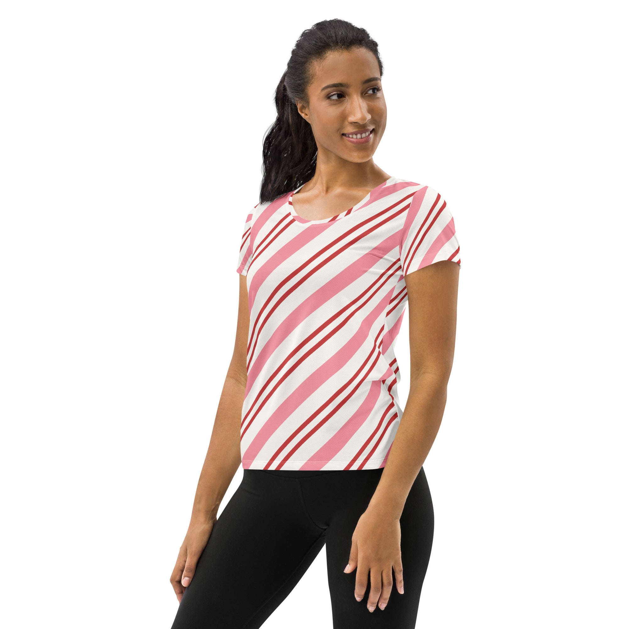 Women’s Pink Candy Cane Stripe Christmas Performance Athletic T-Shirt - Lightweight Moisture Wicking Workout Top with UPF 50+
