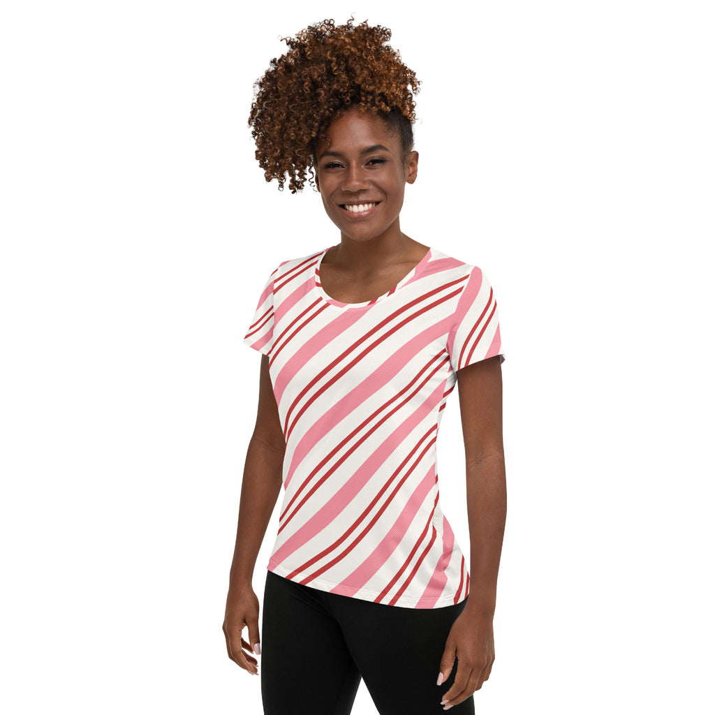Women’s Pink Candy Cane Stripe Christmas Performance Athletic T-Shirt - Lightweight Moisture Wicking Workout Top with UPF 50+
