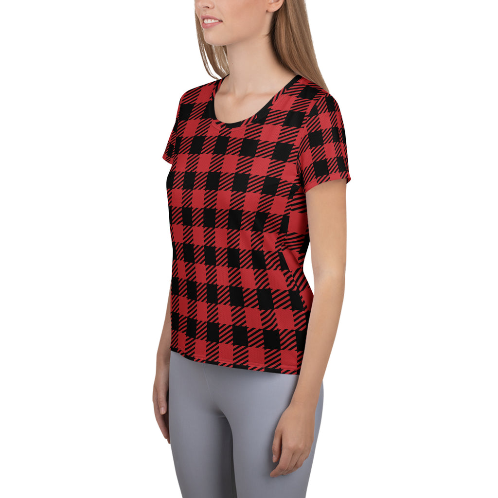 Women’s Red & Black Buffalo Plaid Performance Athletic T-Shirt - Lightweight Moisture Wicking Workout Top with UPF 50+