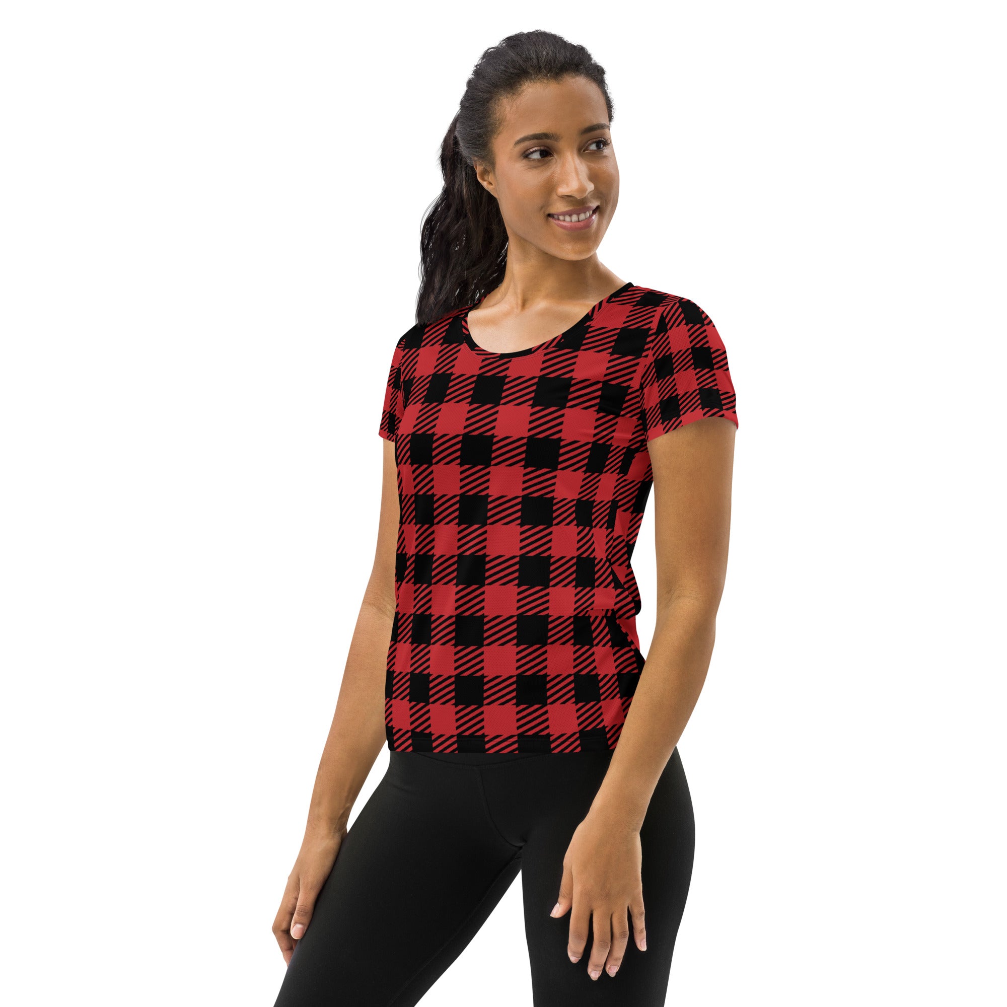 Women’s Red & Black Buffalo Plaid Performance Athletic T-Shirt - Lightweight Moisture Wicking Workout Top with UPF 50+