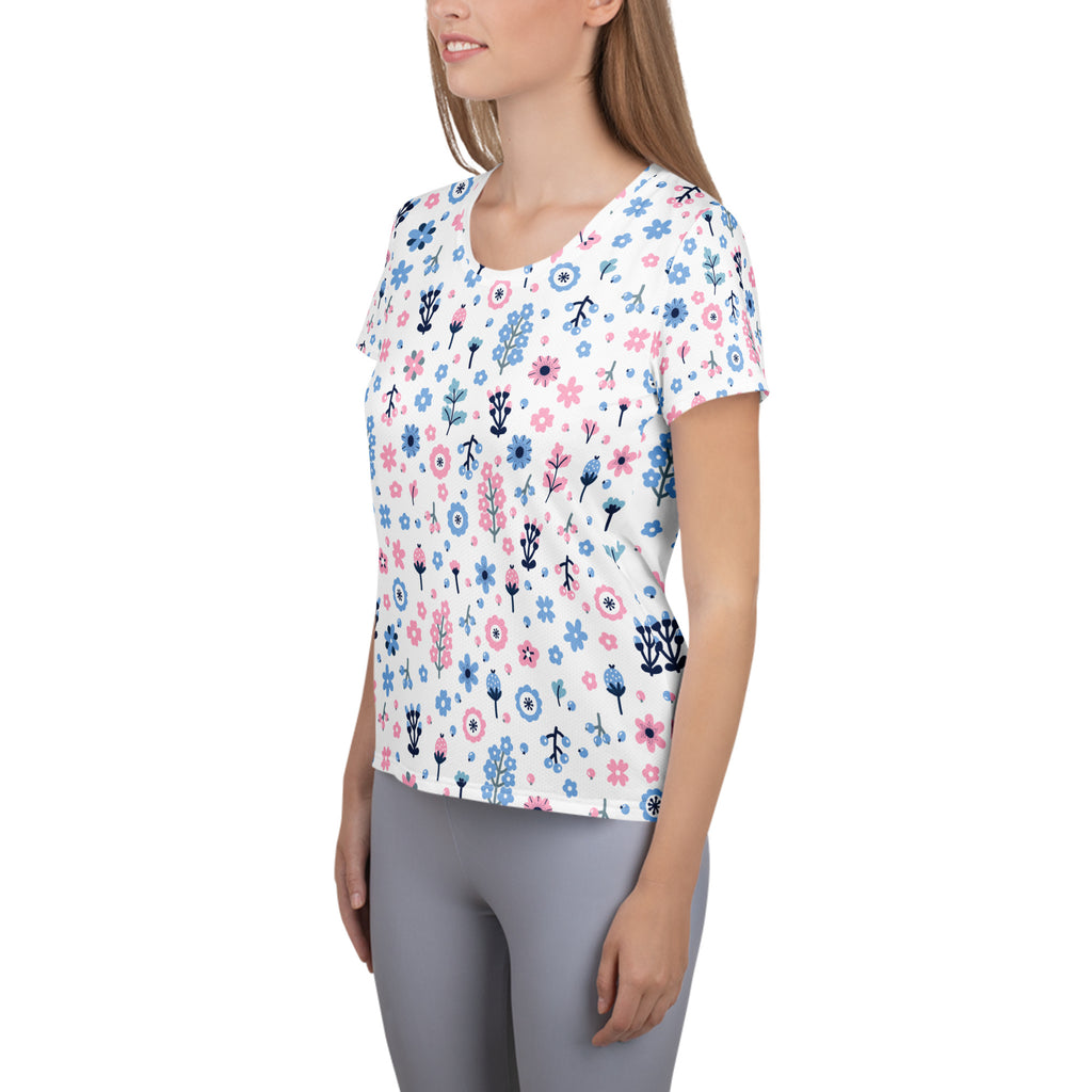 Women’s Pink & Blue Floral Performance Athletic T-Shirt - Lightweight Moisture Wicking Workout Top with UPF 50+