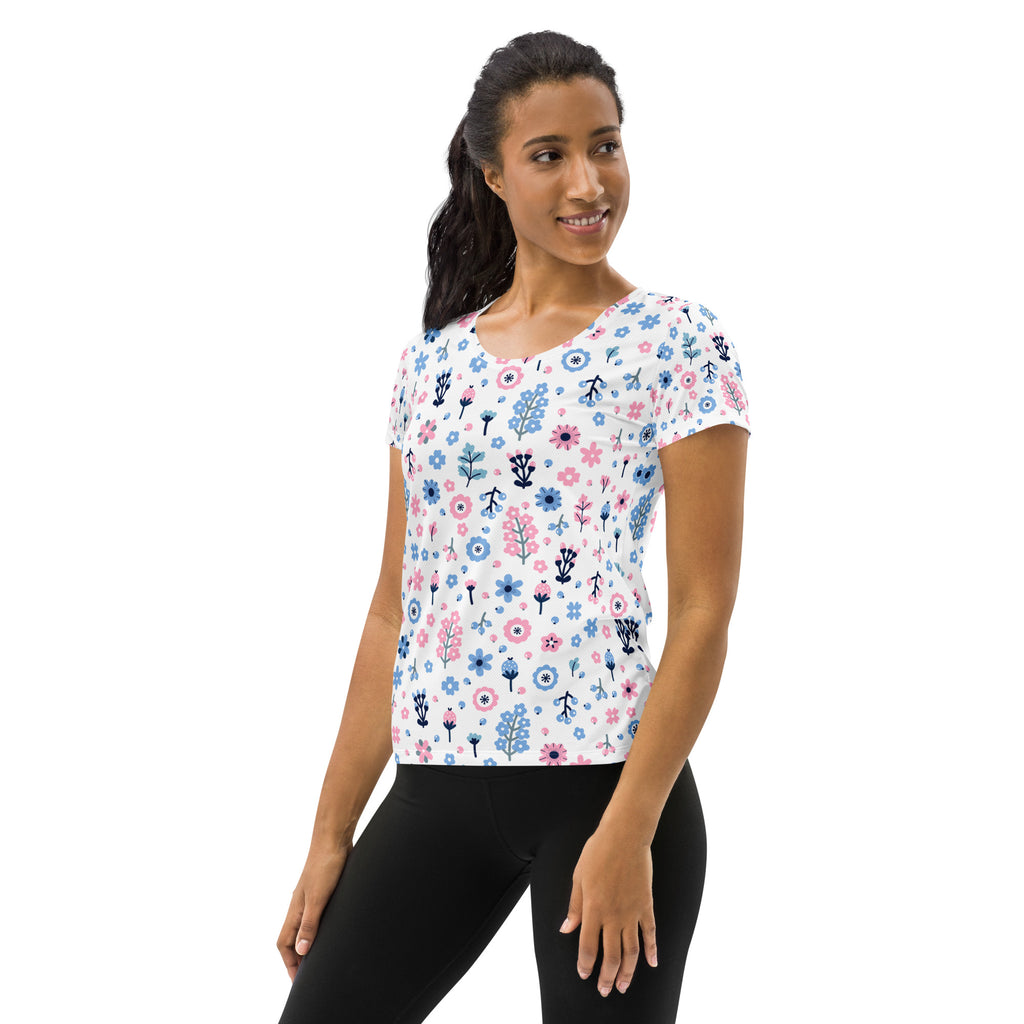Women’s Pink & Blue Floral Performance Athletic T-Shirt - Lightweight Moisture Wicking Workout Top with UPF 50+