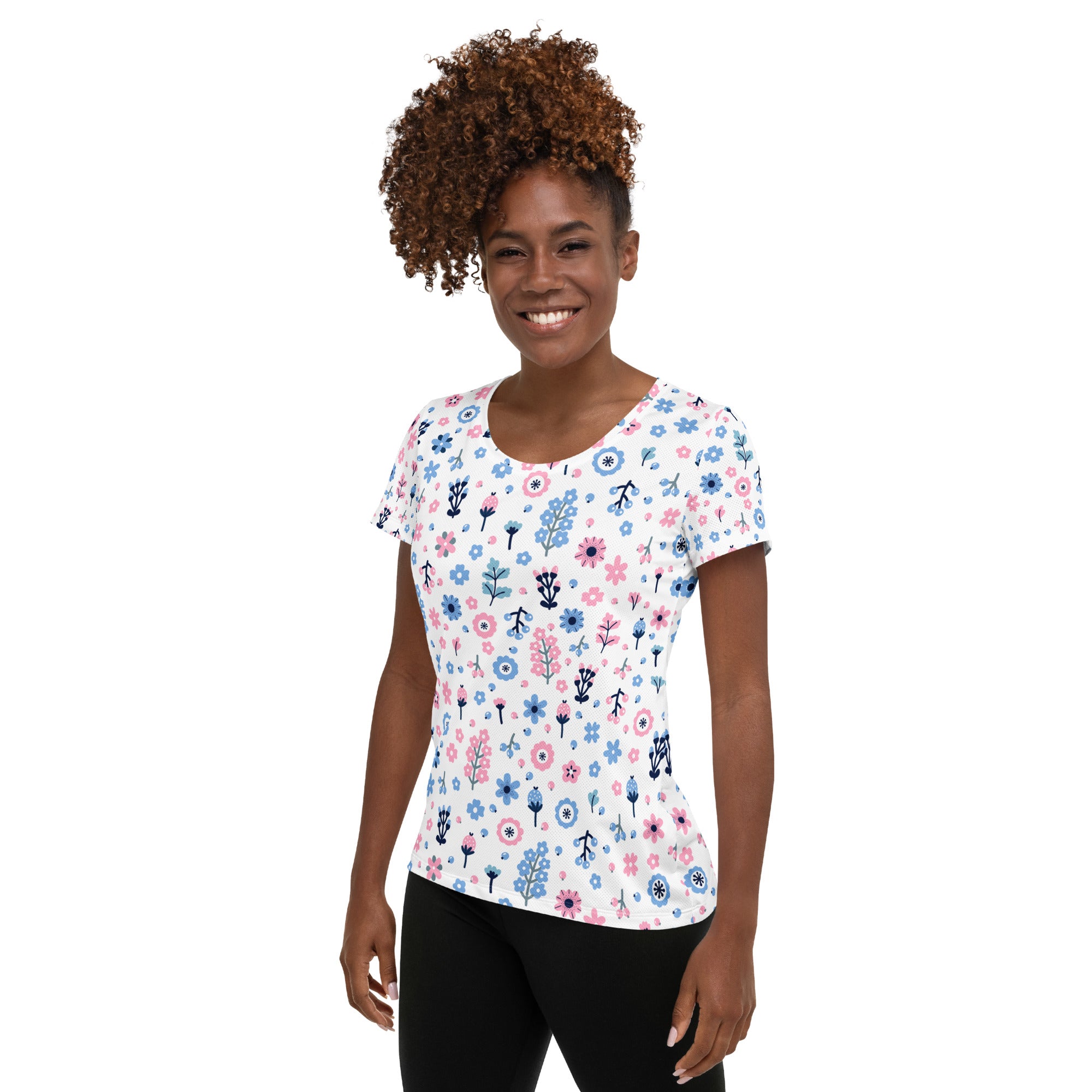 Women’s Pink & Blue Floral Performance Athletic T-Shirt - Lightweight Moisture Wicking Workout Top with UPF 50+