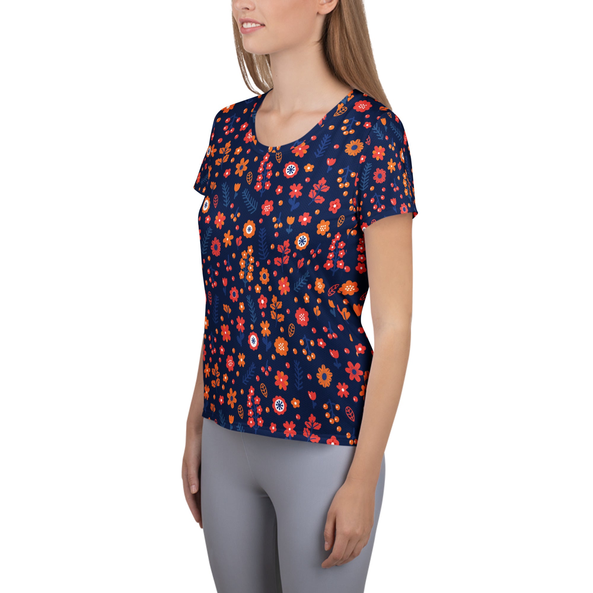 Women’s Navy Floral Performance Athletic T-Shirt - Lightweight Moisture Wicking Workout Top with UPF 50+