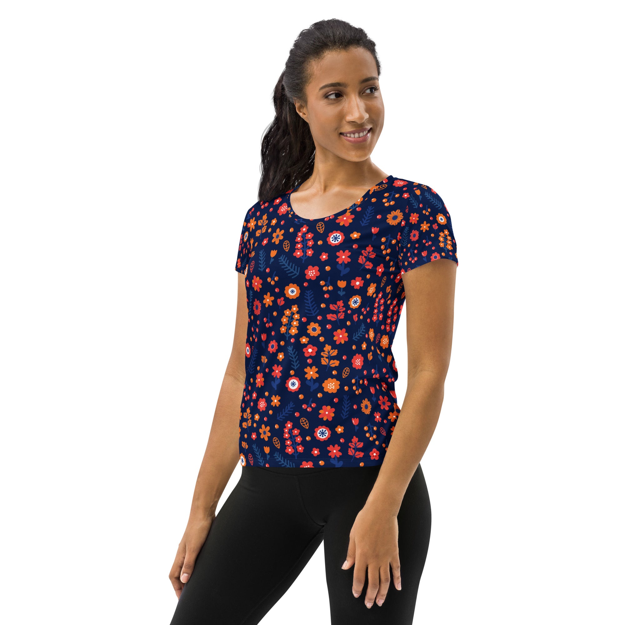 Women’s Navy Floral Performance Athletic T-Shirt - Lightweight Moisture Wicking Workout Top with UPF 50+