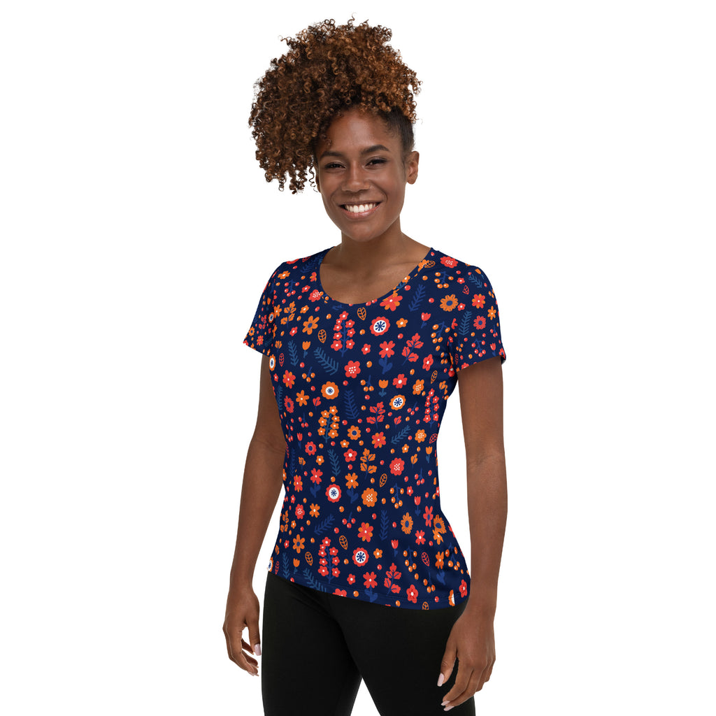 Women’s Navy Floral Performance Athletic T-Shirt - Lightweight Moisture Wicking Workout Top with UPF 50+