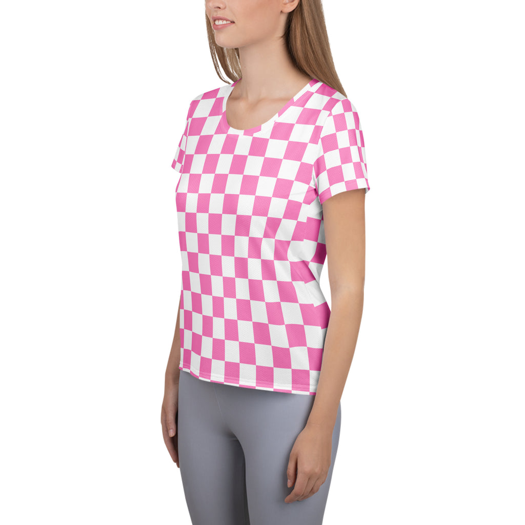 Women’s Pink Checkered Performance Athletic T-Shirt - Lightweight Moisture Wicking Workout Top with UPF 50+