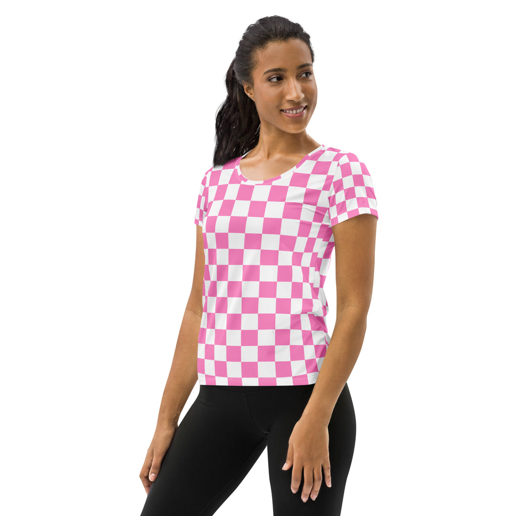 Women’s Pink Checkered Performance Athletic T-Shirt - Lightweight Moisture Wicking Workout Top with UPF 50+