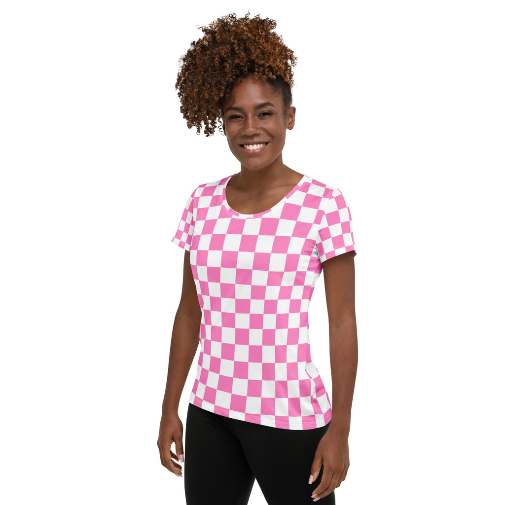 Women’s Pink Checkered Performance Athletic T-Shirt - Lightweight Moisture Wicking Workout Top with UPF 50+