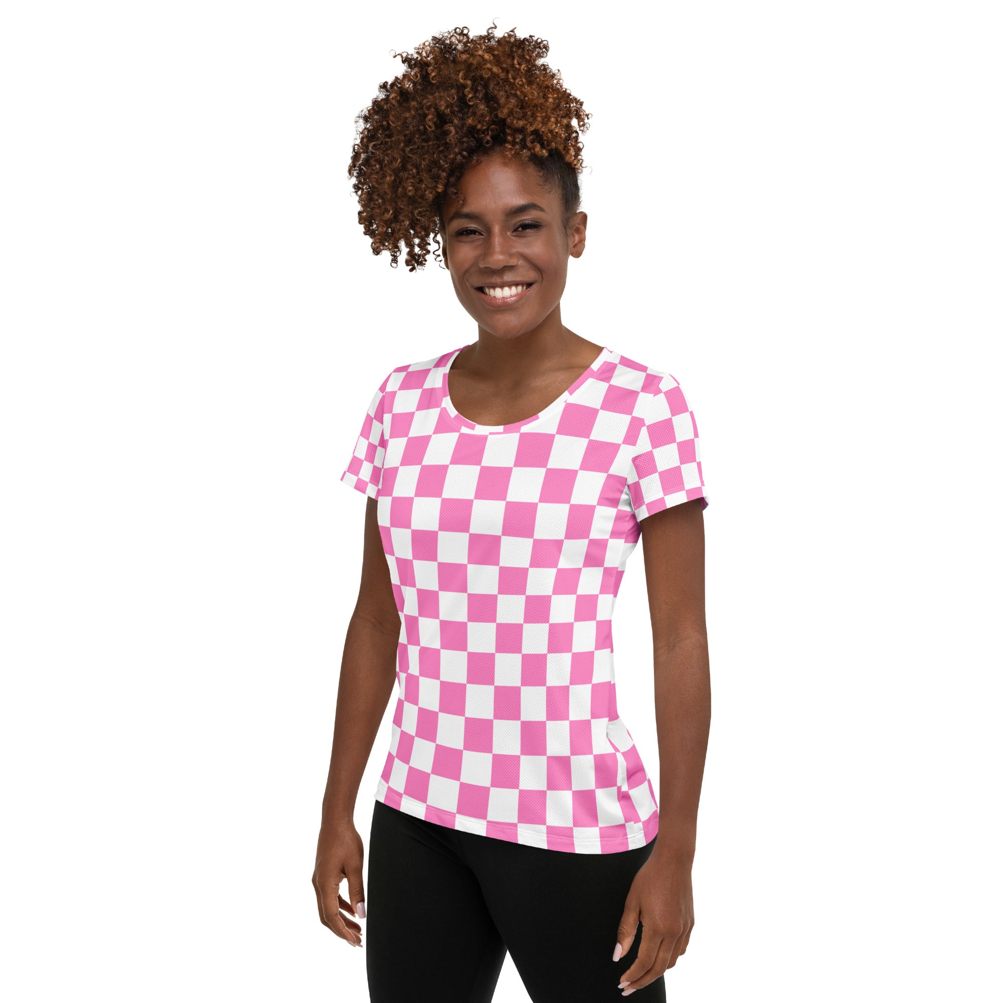 Women’s Pink Checkered Performance Athletic T-Shirt - Lightweight Moisture Wicking Workout Top with UPF 50+