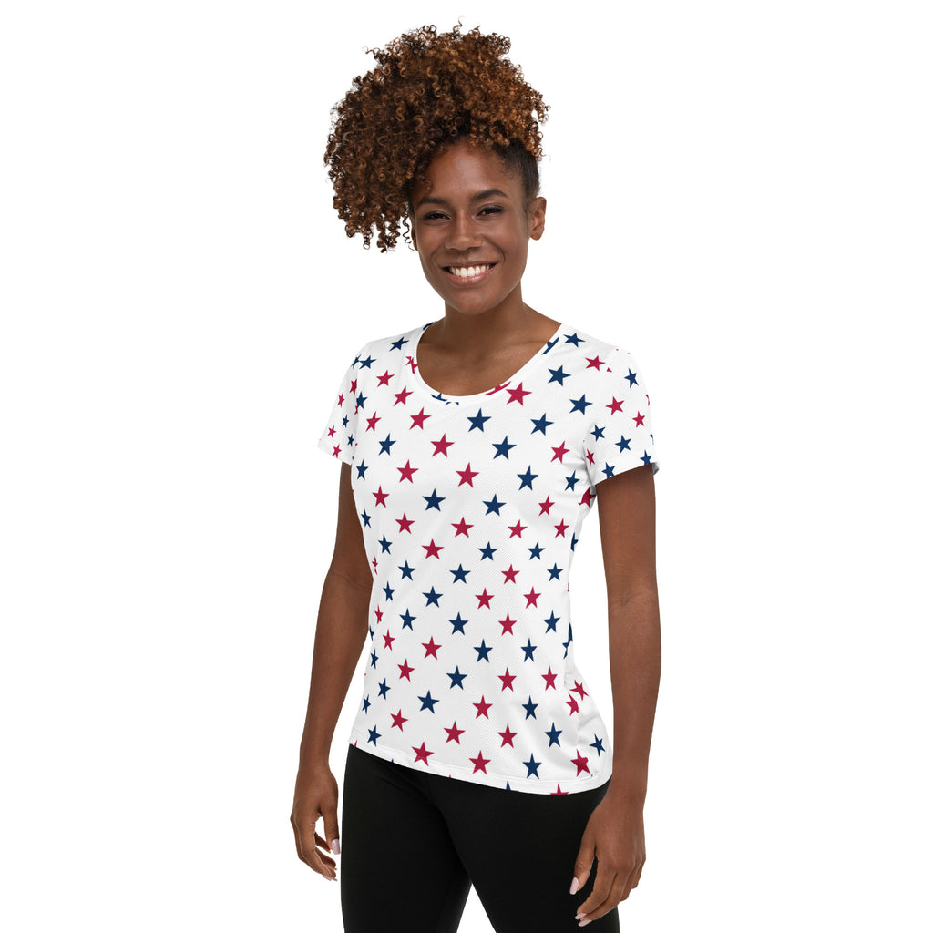 Women’s Red & Blue Star Performance Athletic T-Shirt - Lightweight Moisture Wicking Workout Top with UPF 50+