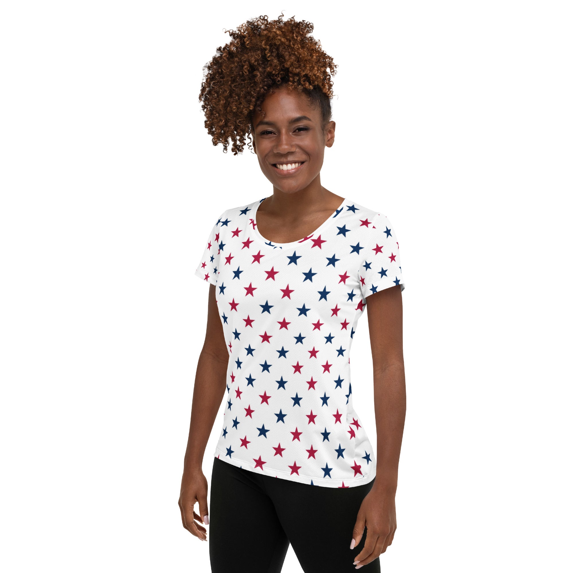 Women’s Red & Blue Star Performance Athletic T-Shirt - Lightweight Moisture Wicking Workout Top with UPF 50+